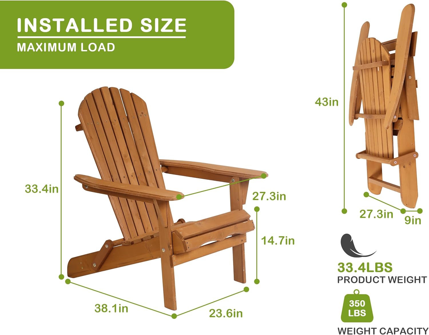 Adirondack Outdoor Chairs, Ergonomic Fire Pit Chairs, Folding Adirondack Chairs in Outdoor, Fire Pit, Deck, Outside, Garden, Campfire（Natural）