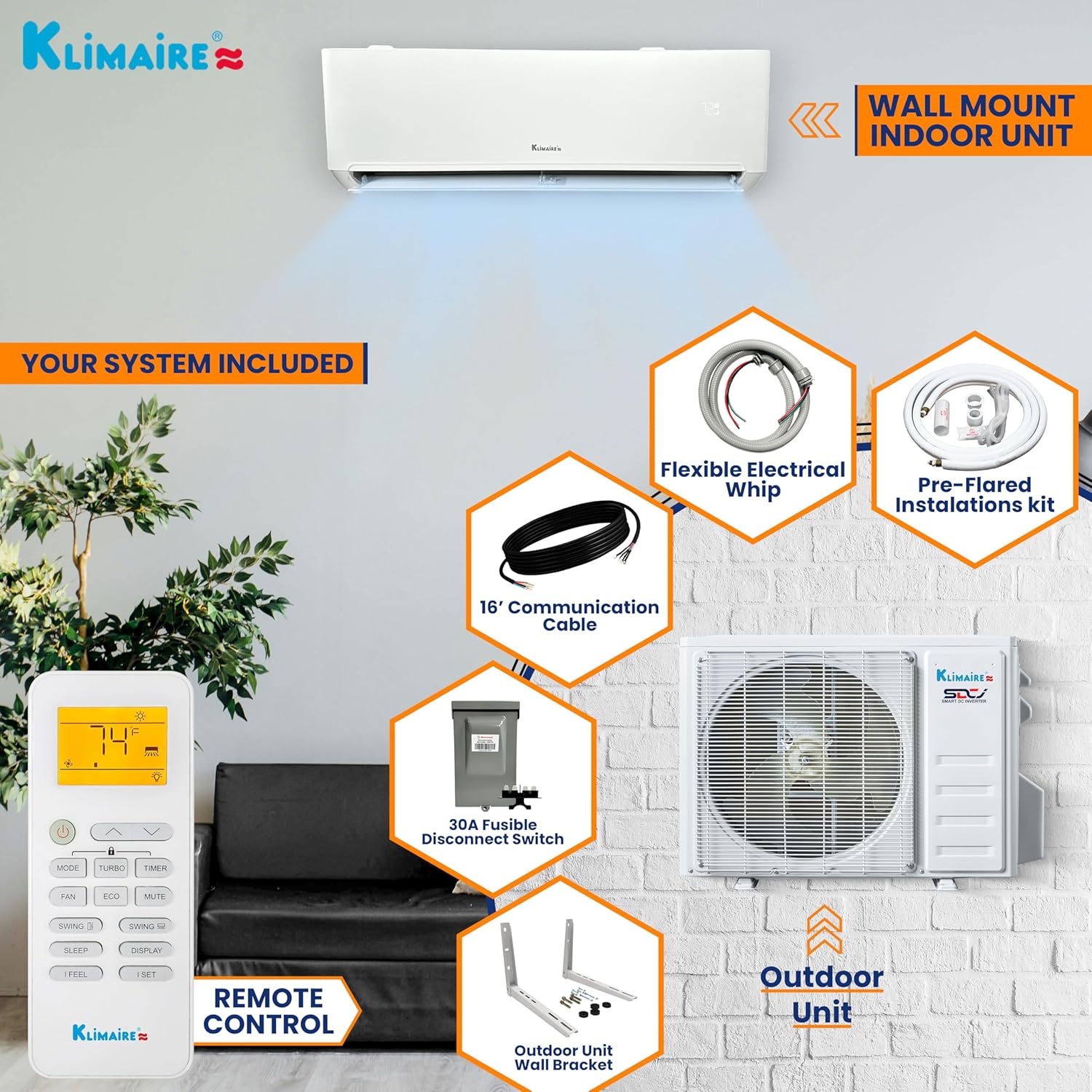 Klimaire 12,000 BTU 23 SEER2 Wall Mounted Ductless Mini Split Inverter A/C Heat Pump System w/ 16’ Installation Kit & Wall Mounting Bracket 230V