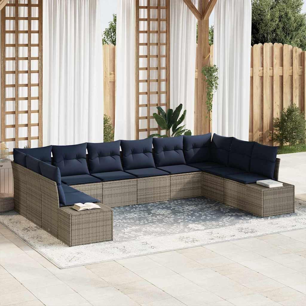 Grey Poly Rattan Garden Sofa Set with Cushions, 10 Piece Modular Outdoor Patio Furniture, Weather-Resistant Seating for Balcony, Dining