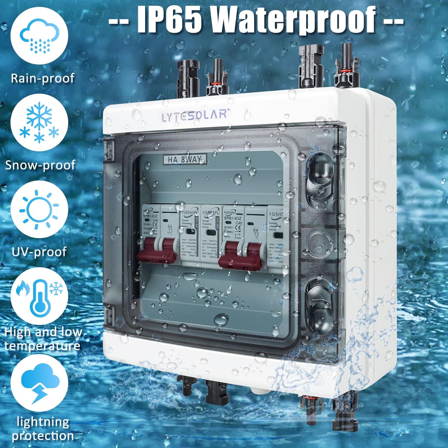 2 String 1000V Solar Disconnect Switch PV Combiner Box, 63A DC Circuit Breaker Box with Surge Protector and Solar Panel Connectors, IP65 Waterproof Plug-and-Play