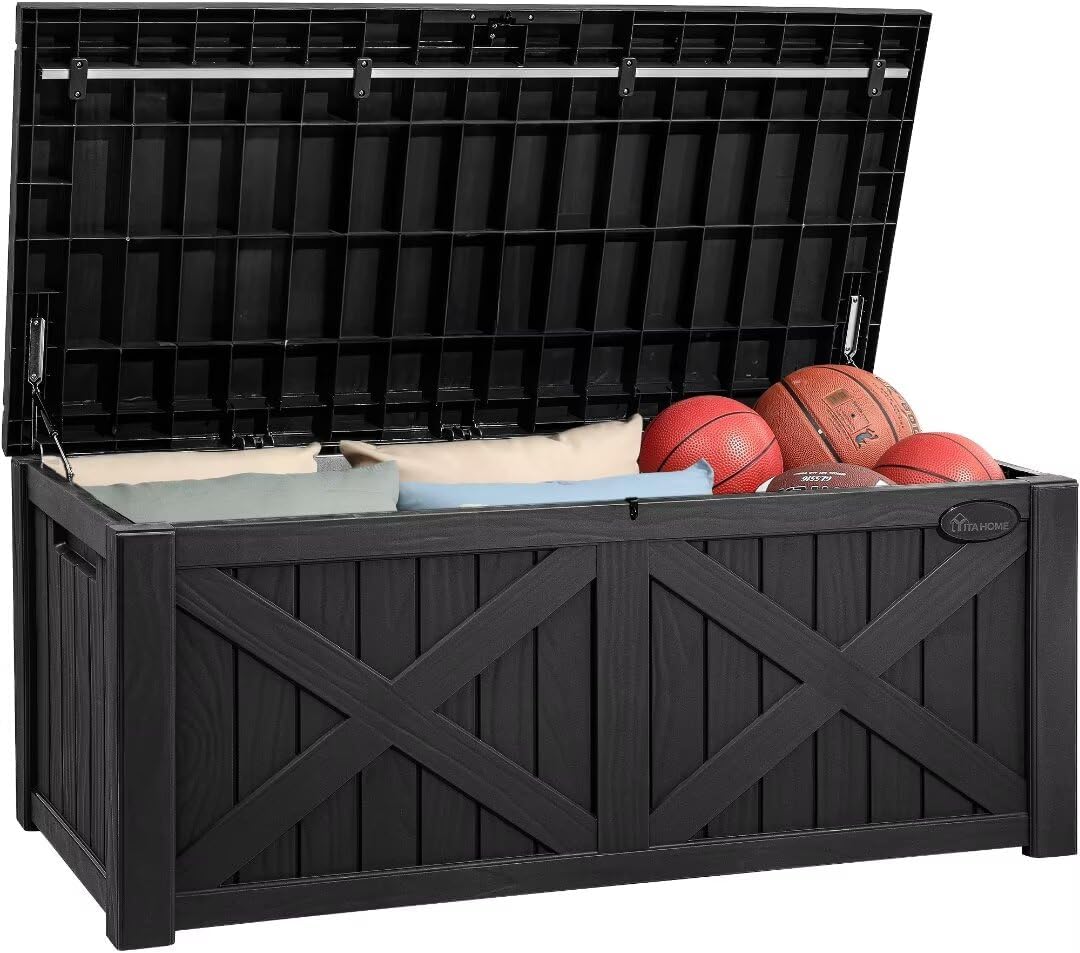 YITAHOME 120 Gallon Large Deck Box with X-Shaped Front, Resin Outdoor Storage Boxes, Waterproof Cushion Storage Bench for Patio, Pool Supplies, Garden Tools - Lockable, Black