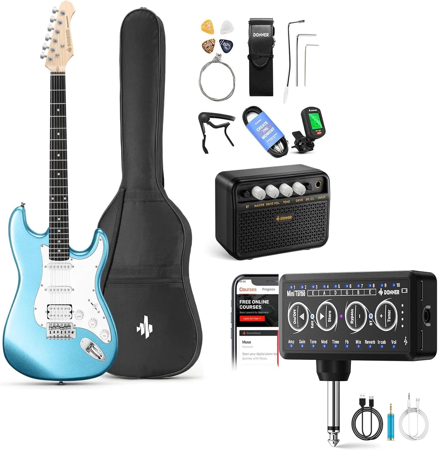 Donner DST-100T 39 Inch Electric Guitar Beginner Kit-Guitar Headphone Amp