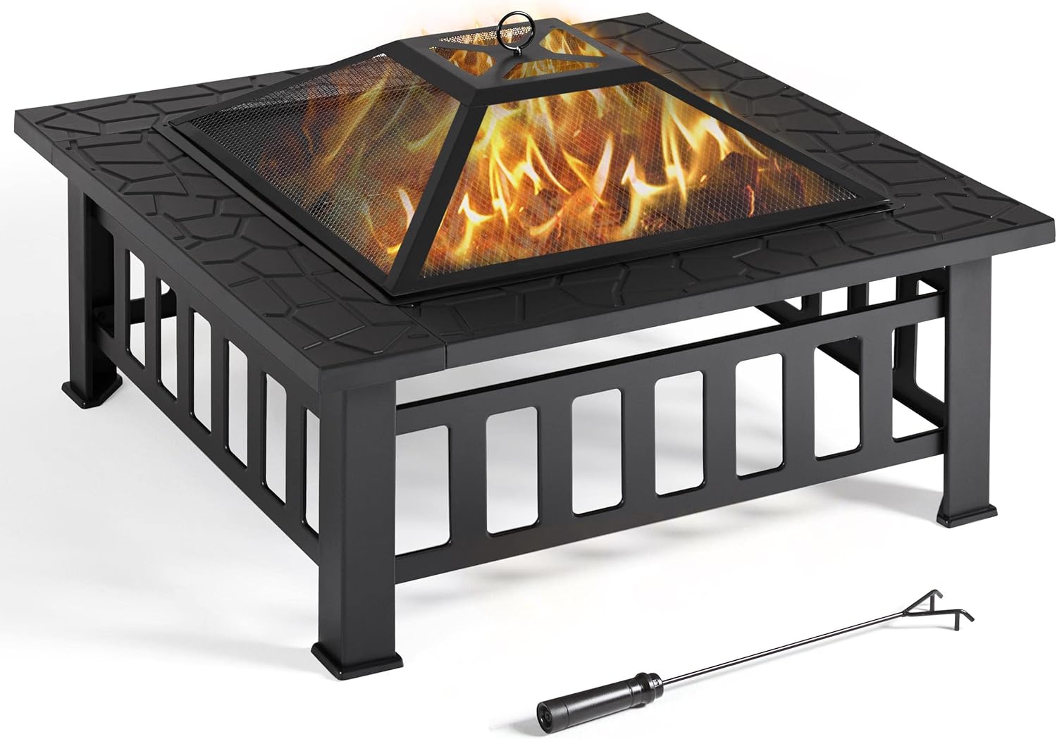 Topeakmart Outdoor Fire Pit Wood Burning 32in Multifunctional Firepits Table Patio Stove with Waterproof Cover, Spark Screen, Poker, Large Square Fire Pits for Outside Garden Camping