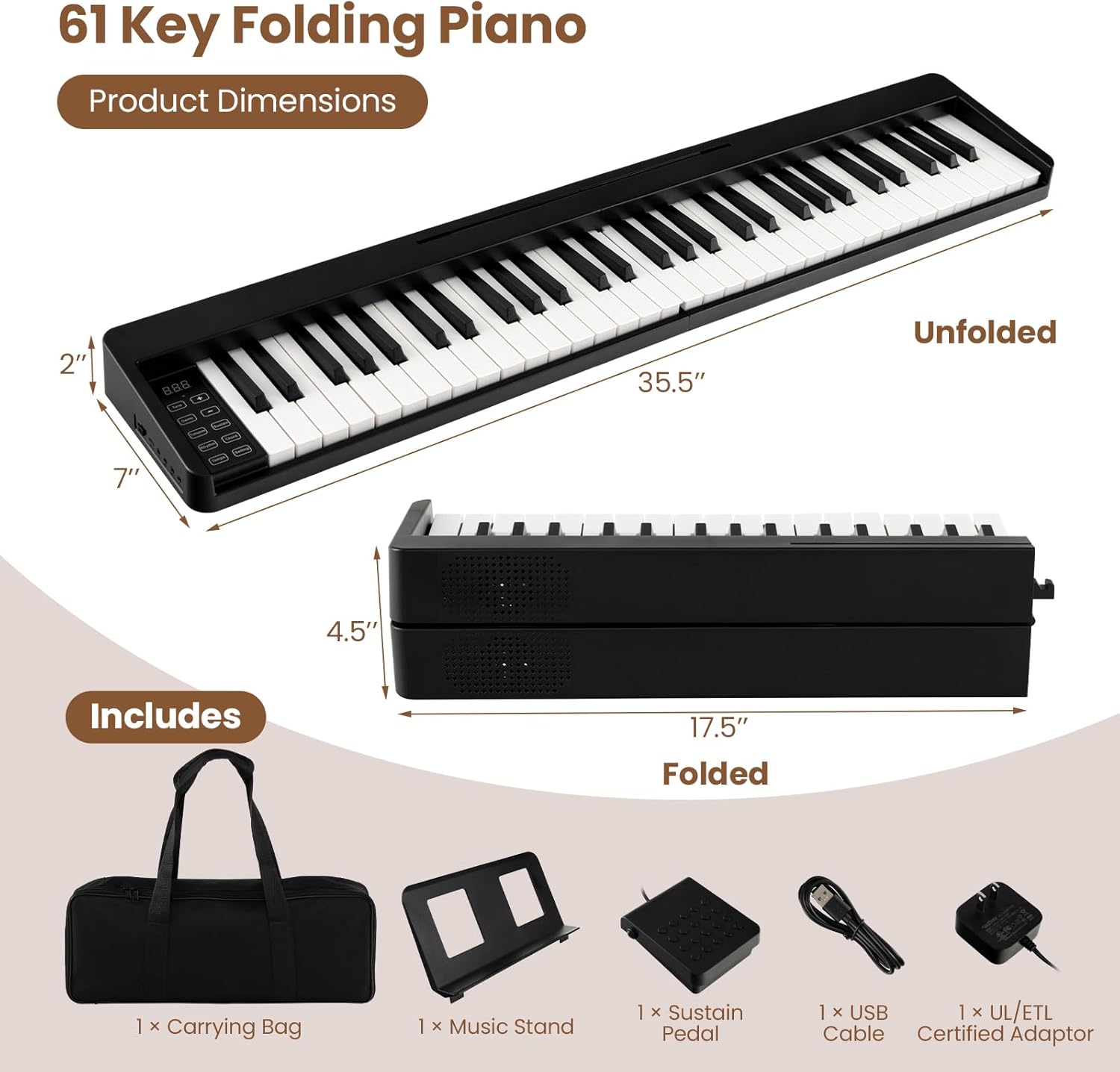 HONEY JOY 61 Key Keyboard Piano, Folding Digital Music Keyboard w/MIDI, Sustain Pedal, 128 Tones, 128 Rhythms, Microphone, Carrying Case, Music Stand, Portable Electric Piano for Beginners, Black
