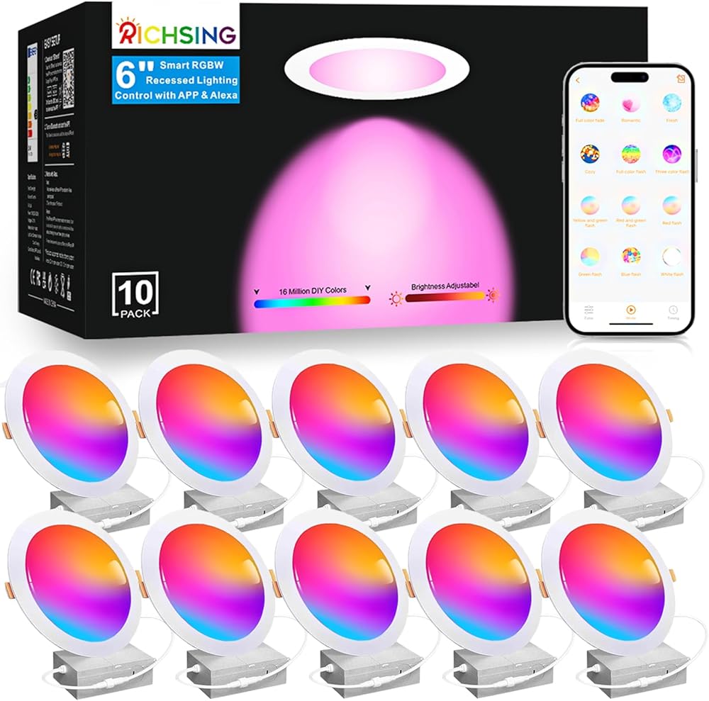 10 Pack 6 Inch LED Recessed Light 16W RGBCW Recessed Ceiling Lights Dimmable by Alexa & APP, 2700K-6000K 1350LM Recessed Lighting with Junction Box,16 Million Colors, DIY Scenes, 23 Modes
