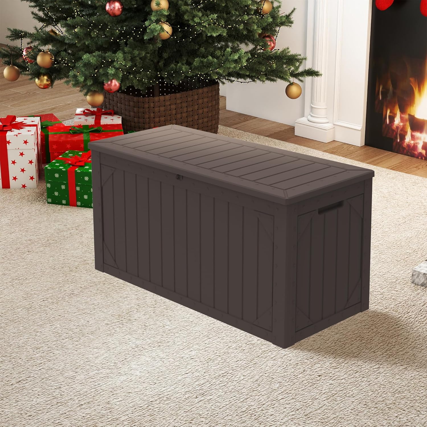 100 Gallon Outdoor Storage Box Waterproof, Lockable Resin Deck Box Patio Storage Bin for Pool Accessories Cushion Furniture, Garden Tools, UV-Resistant Outside Delivery, Brown