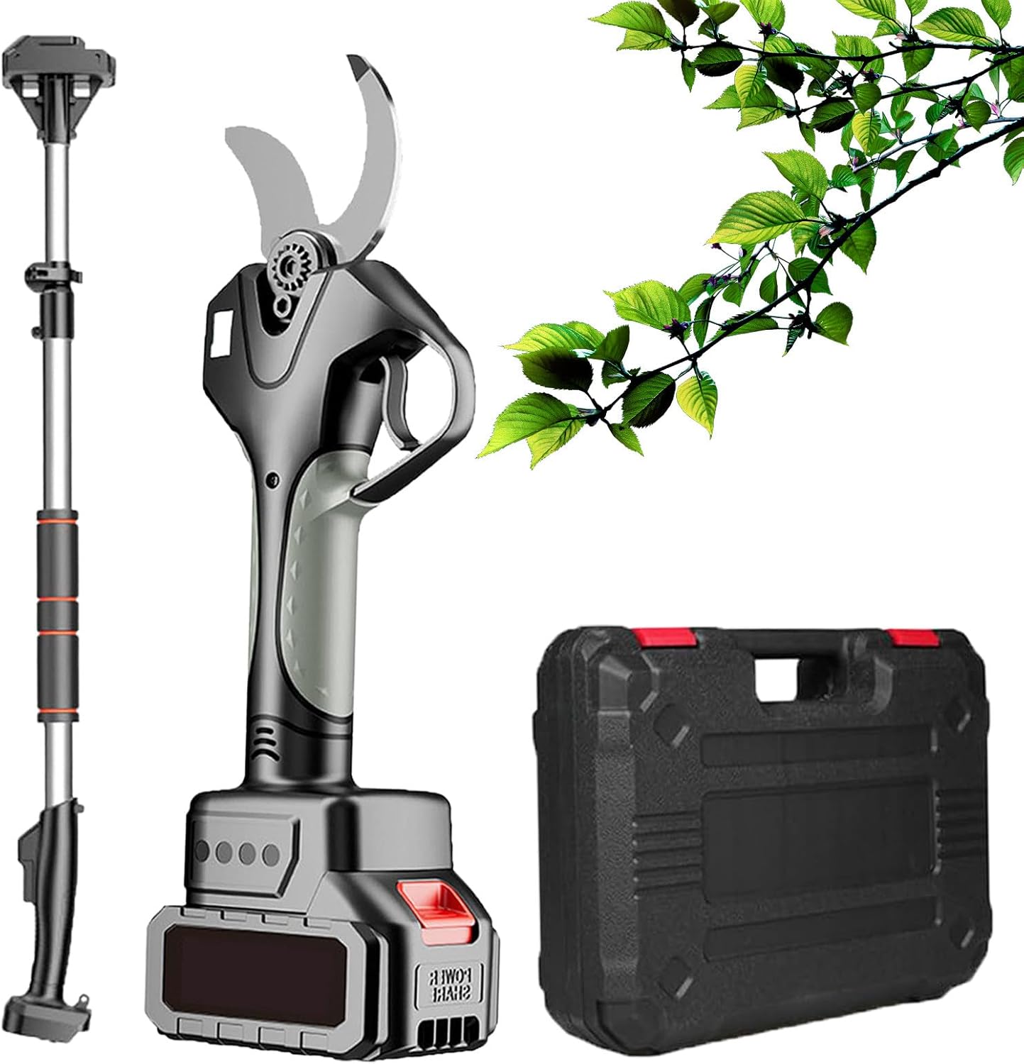 Electric Pruning Shears, 60mm Electric Garden Shears with 2.1m Telescopic Pole, Long Reach Branch Scissors, 10-12 Hours Working Time, 2 Battery Powered, for Hedge, Bush,2*batteries