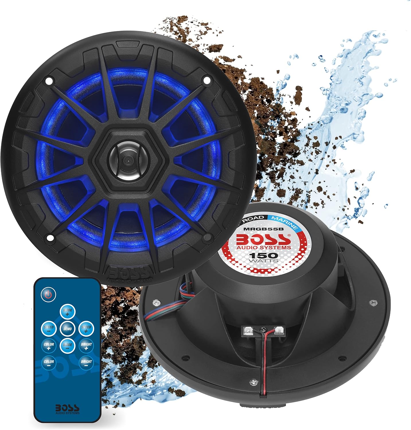 BOSS Audio Systems MRGB55B 5.25 Inch Marine Speakers - Weatherproof, 150 Watts Per Pair, 75 Watts Each, Multi-Color Illumination, Full Range, 2 Way, Sold In Pairs