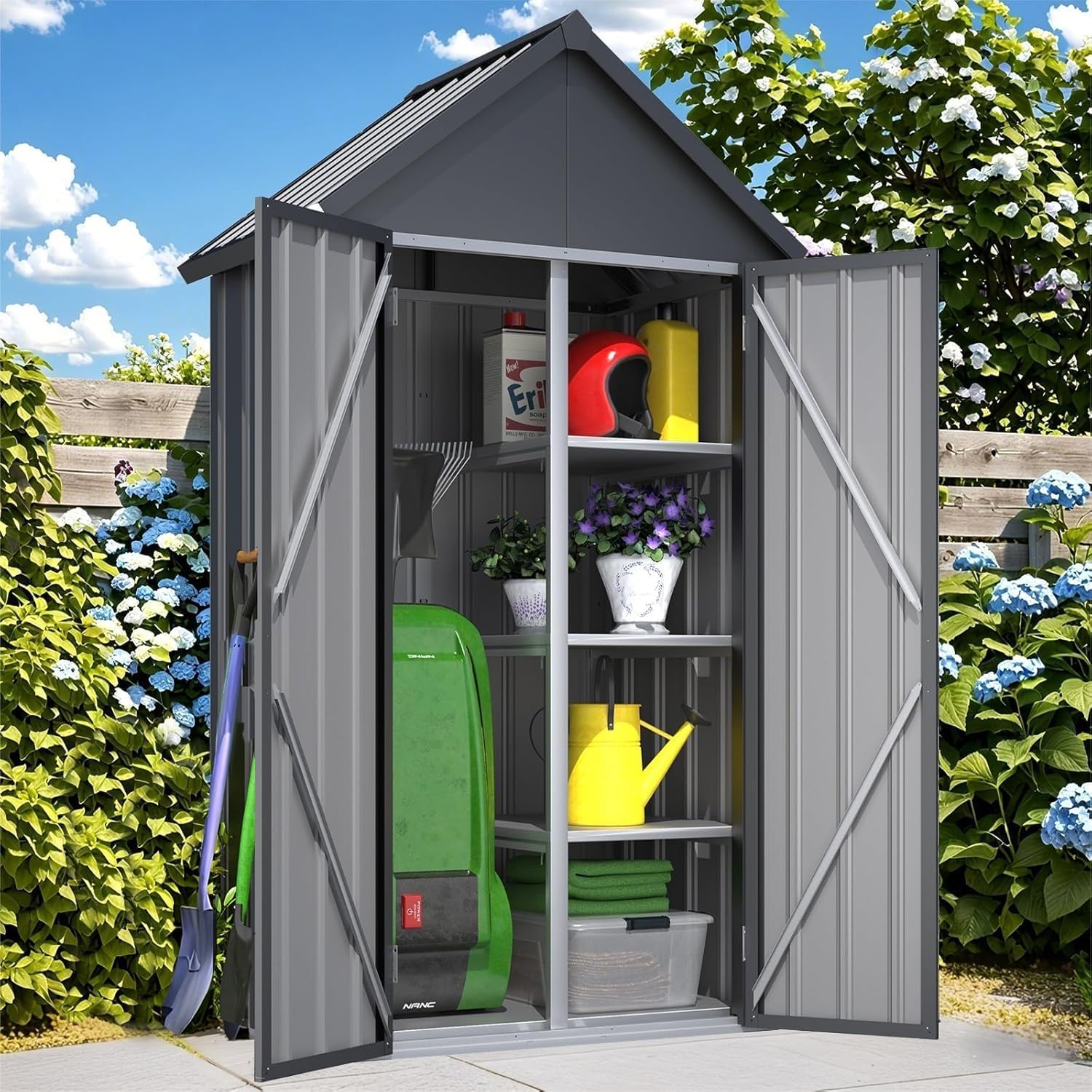 AECOJOY Outdoor Storage Cabinet Waterproof, Vertical Tall Sheds Cabinet with Shelves and Double Door, Garden Tool Sheds & Outdoor Storage Cabinet Weatherproof for Backyard, Patio, Lawn, Dark Gray