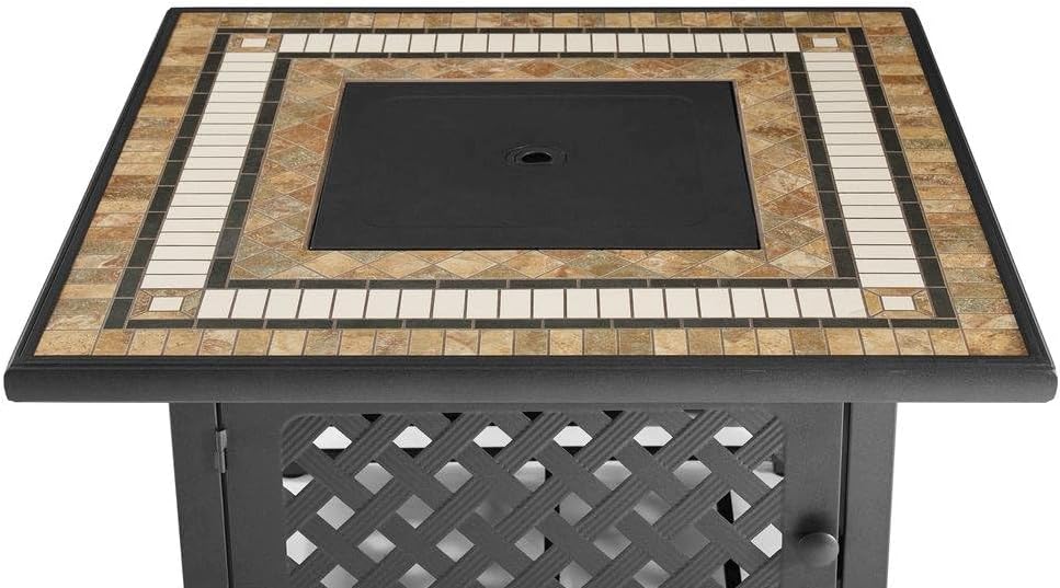 Brown Fire Pit Table with Tiled Top, Beads, and Covers – Propane Backyard Fireplace and Patio Furniture with Hidden Tank Storage