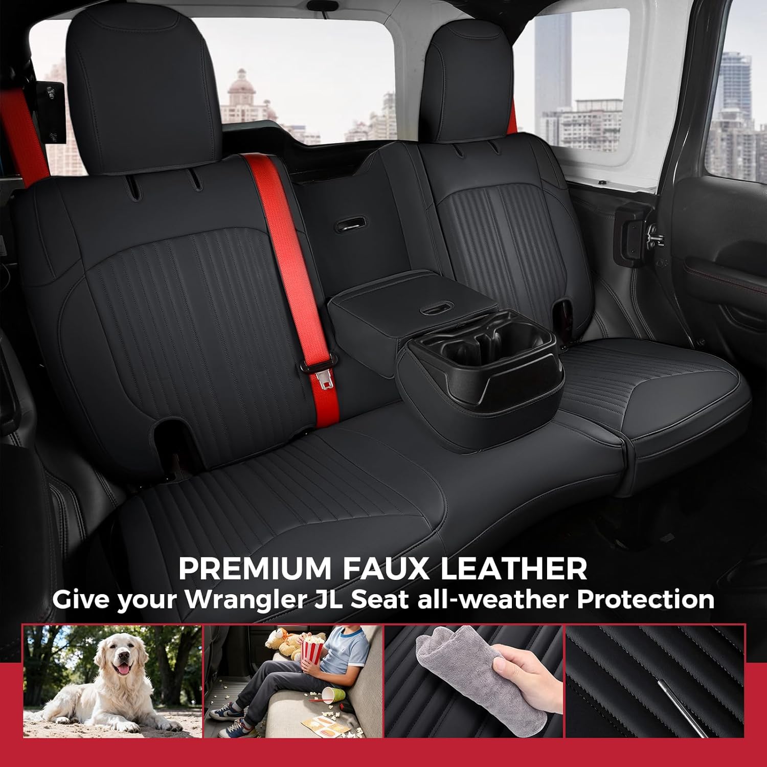 FREESOO Custom Seat Covers Full Set for Jeep Wrangler 4 Door 2018-2025 JL Accessories Sahara Altitude Rubicon 392 X High Altitude Unlimited, with Rear Cup Holder (Black)