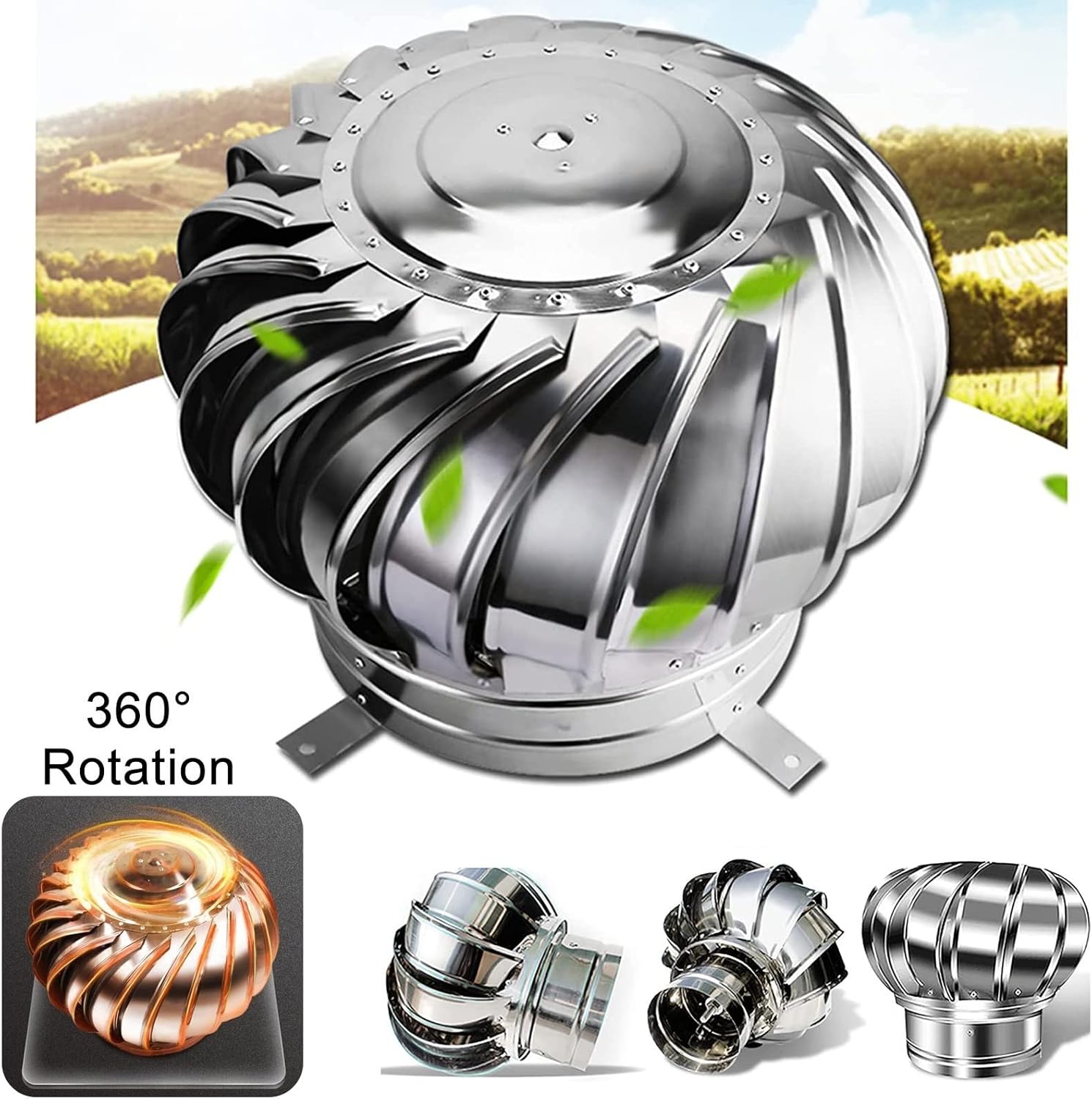 Roof Wind Turbines Cap Vent Round Internally Braced Wind Turbines, 304 Stainless Steel Roof Ventilator Air Outlet, 4 10 12 Inch, Easy to Install Unpowered Rotation Rainproof Ventilator