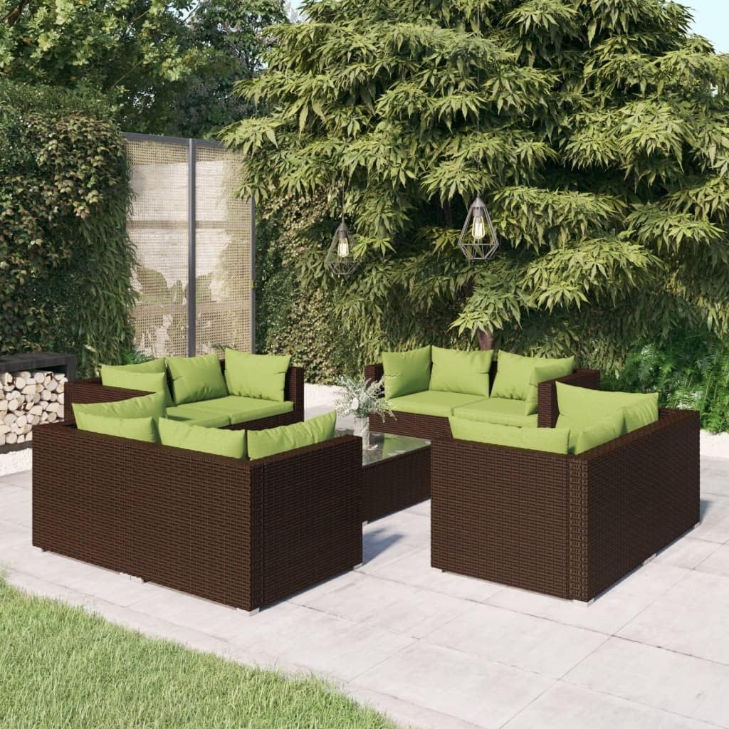 9 Piece Patio Lounge Set with Cushions Poly Rattan Brown Patio Furniture, Outdoor Furniture Sets