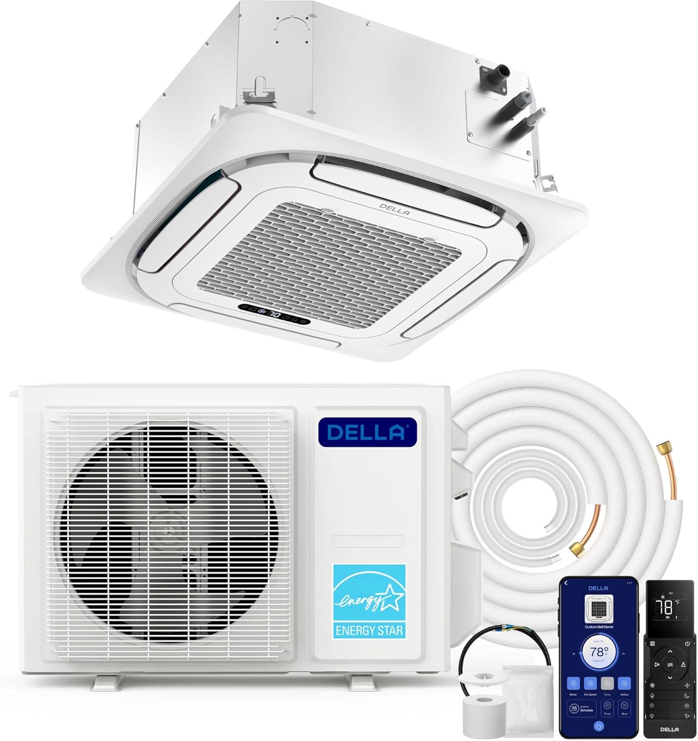 DELLA 9,500 BTU Ceiling Cassette Mini Split AC,Ultra Heat -13℉,23 SEER2 8-way 360° Airflow 230V,Energy Star,Work with Alexa,Pre-Charged Heat Pump Ductless Inverter System, Covers 400 Sq. Ft,16ft Kit