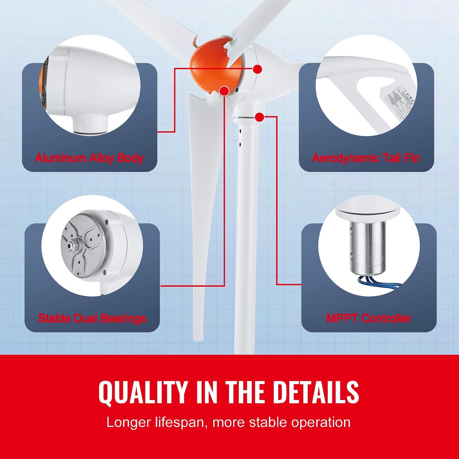 Happybuy 500W Wind Turbine Generator, 12V Wind Power Kit, 3-Blade Wind Generator with MPPT Controller, Adjustable Windward Direction, 2.5m/s Start Wind Speed, Ideal for Home, Farm, RVs, Boats