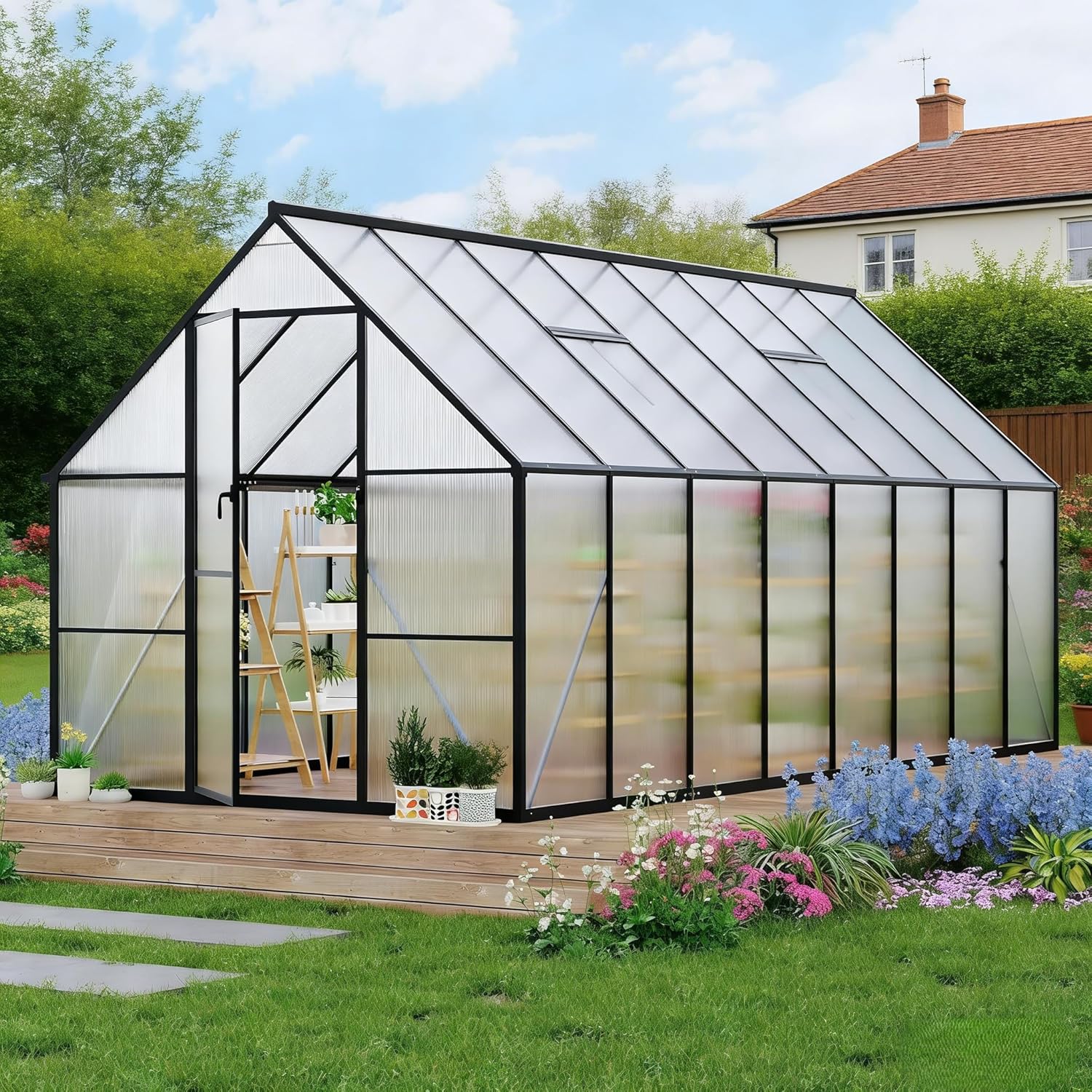 8x16 FT Greenhouse, Walk in Green Houses for Outside and Garden Planting, Polycarbonate Greenhouse with Aluminum Frame, Lockable Door and Ajustable Roof Vent for Backyard, Patio