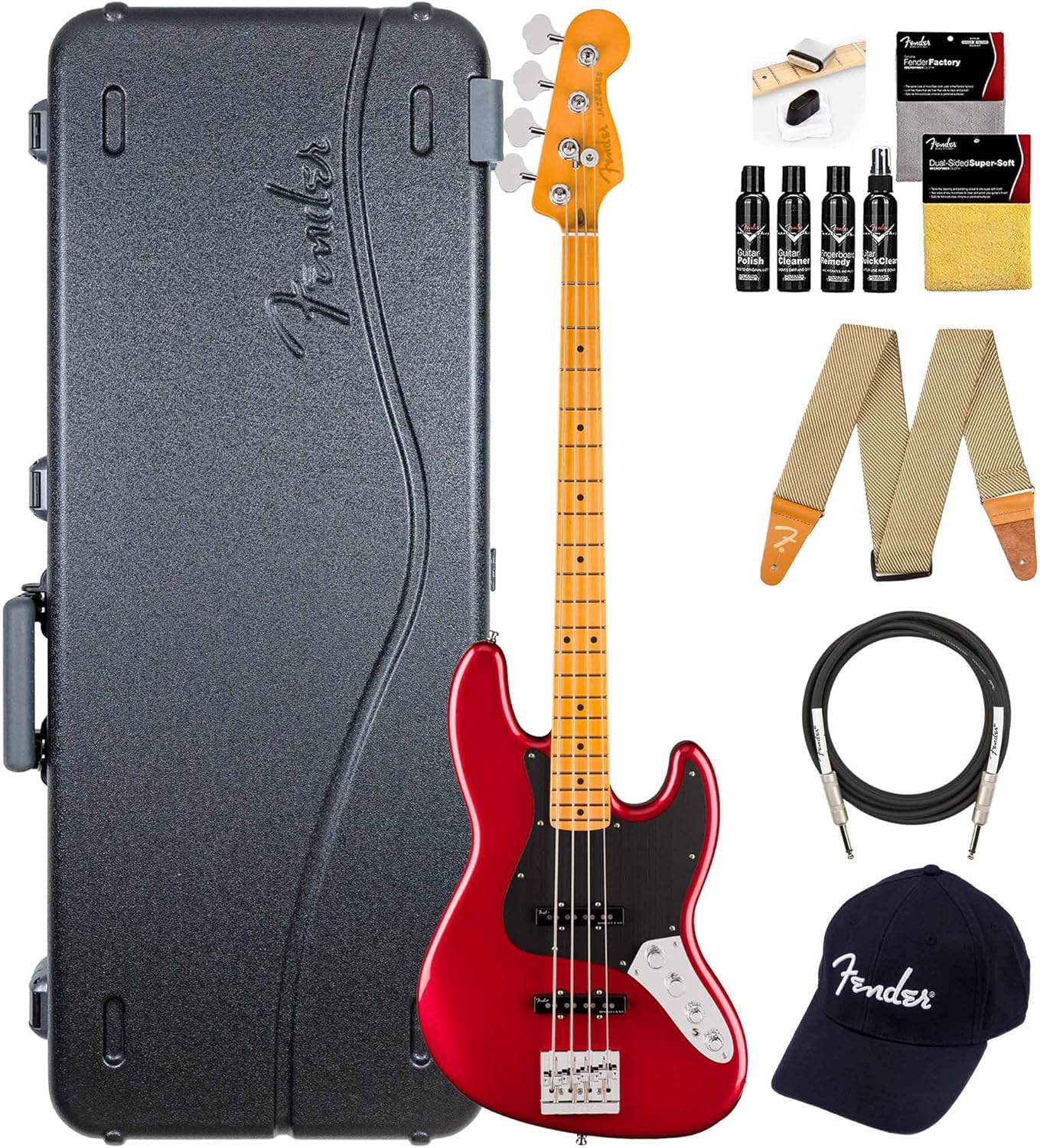Fender American Ultra II Jazz Bass - Sinister Red Bundle with Case, Strap, Cable, Hat, and Guitar Cleaning Kit