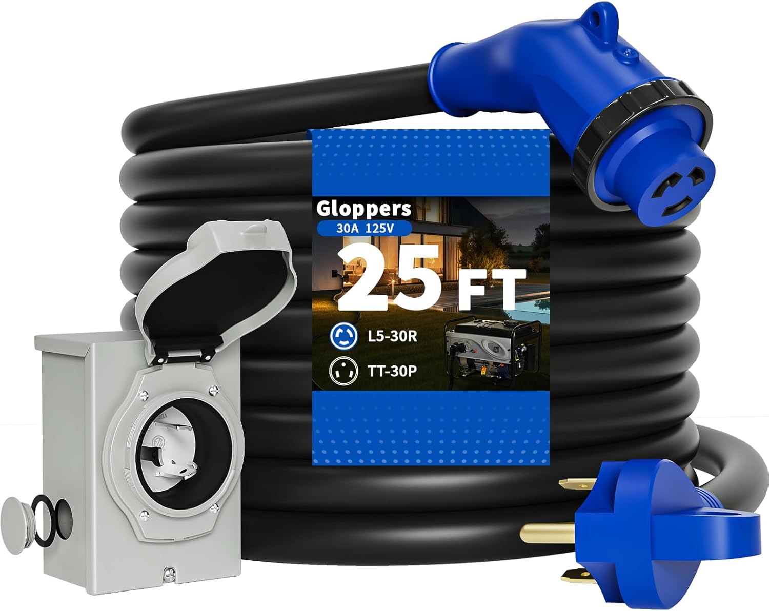 30 Amp Generator Cord and Power Inlet Box, 25FT Generator Extension Cord 30 Amp,125V Generator Power Cord NEMA TT-30P to NEMA L5-30R 135 Degree Twist Lock Connector ETL Listed