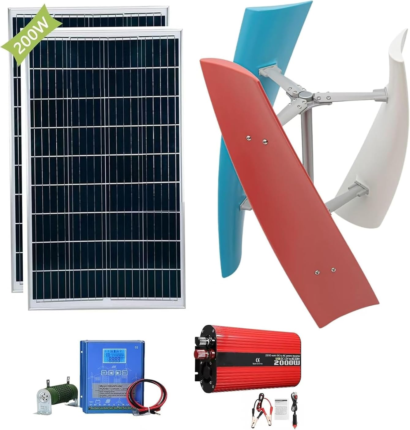 CAJUCA 1200W Wind Turbine Generator Kit Vertical Axis Wind Turbine Generator Kit with Controller and 2 * 100Wsolar Panels Wind and Solar Complementary