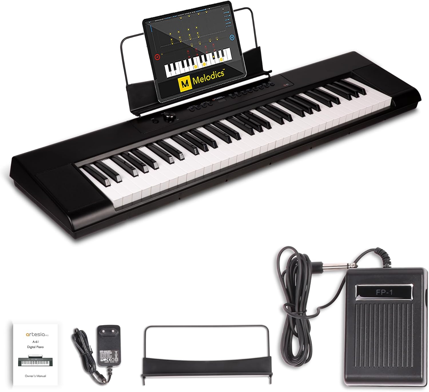Artesia 61-Key Portable Digital Piano Keyboard with Full-Size Semi-Weighted Keys, Beginners Bundle with Sustain Pedal, Music Rack and Free Melodics Piano Lessons