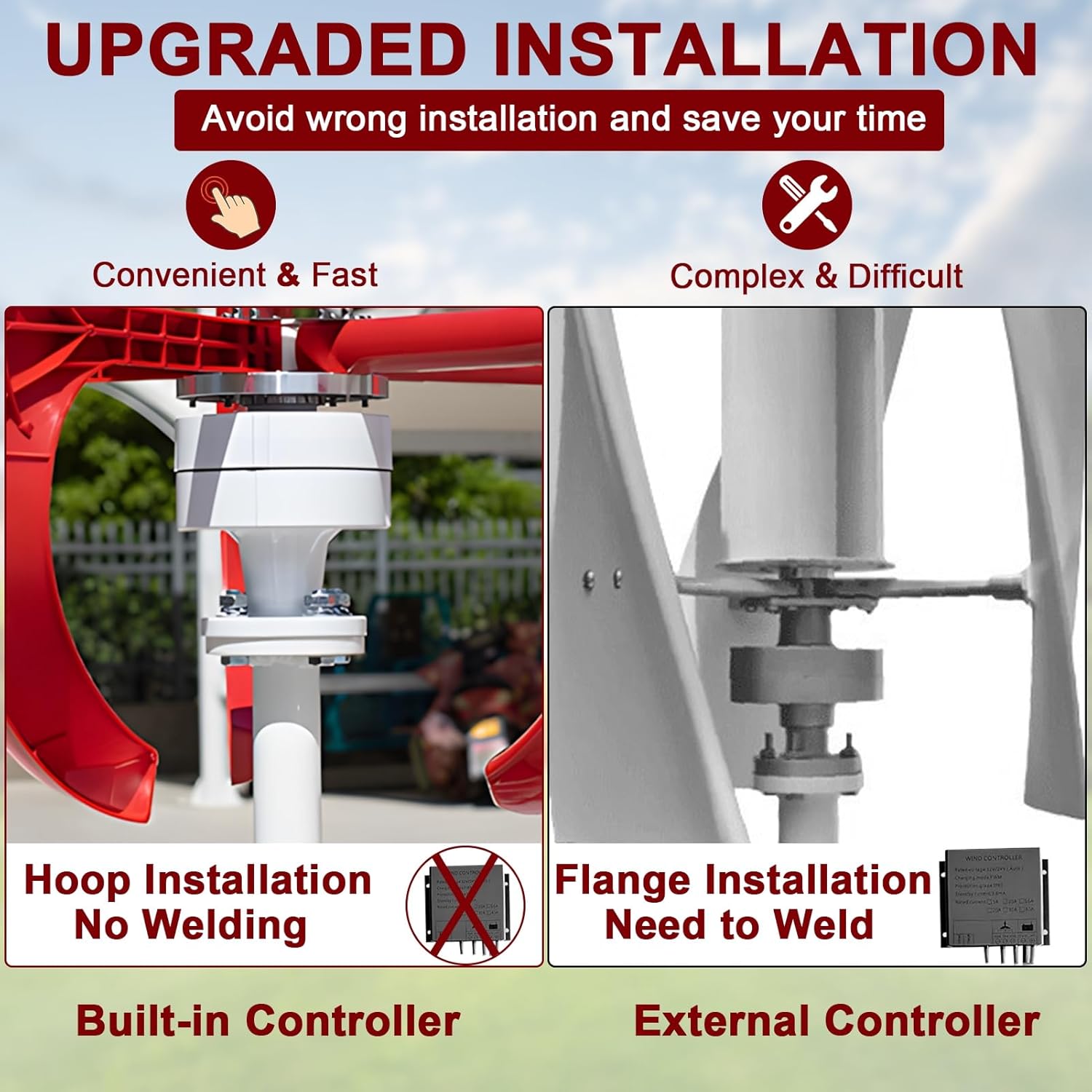 800W 12V/24V Wind Turbine Generator Kit with 5 Nylon Blades - Permanent Magnet Levitation Windmill (2m/s Low Start, 45m/s Survival) for Home/Farm/Off-Grid Power Systems Red