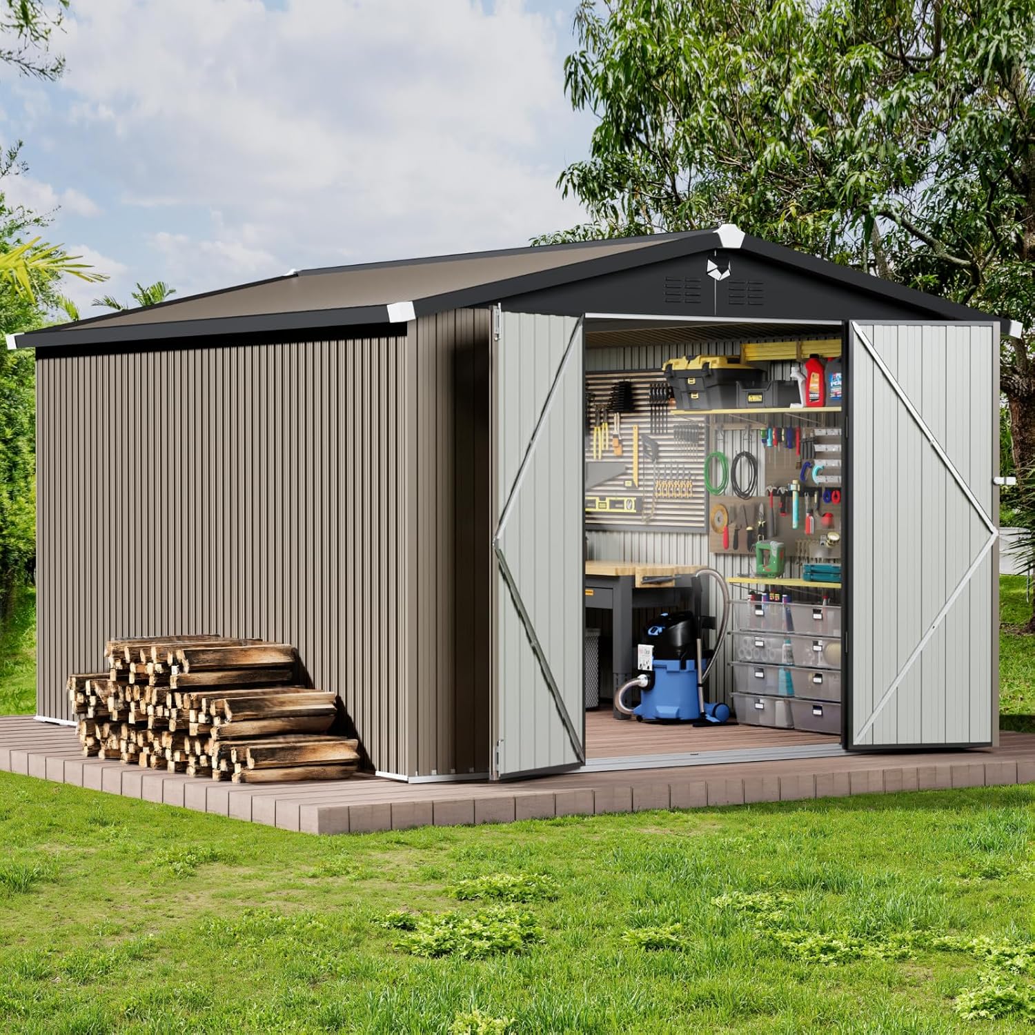 10x12 FT Outdoor Storage Shed,Metal Tool Sheds,Waterproof Outside Storage Shed,Large Storage Building with Lockable Door
