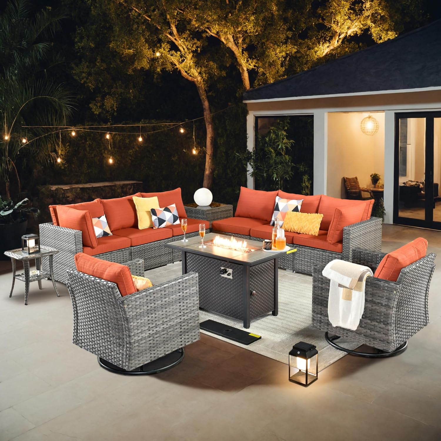 11 Pieces Patio Coversation Set with 42in Fire Pit Table, Outdoor Furniture Modular Couch with Swivel Rocking Chair, Rattan Wicker Sectional Sofa for Porch Balcony Backyard, Orange