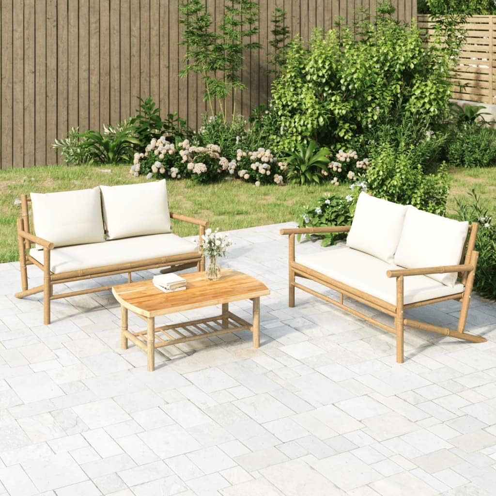 2 Piece Patio Lounge Set with Cream White Cushions Bamboo,Premium Bamboo Patio Lounge Set: Comfort Meets Durability for Outdoor Living Patio Furniture Sets, Conversation Sets