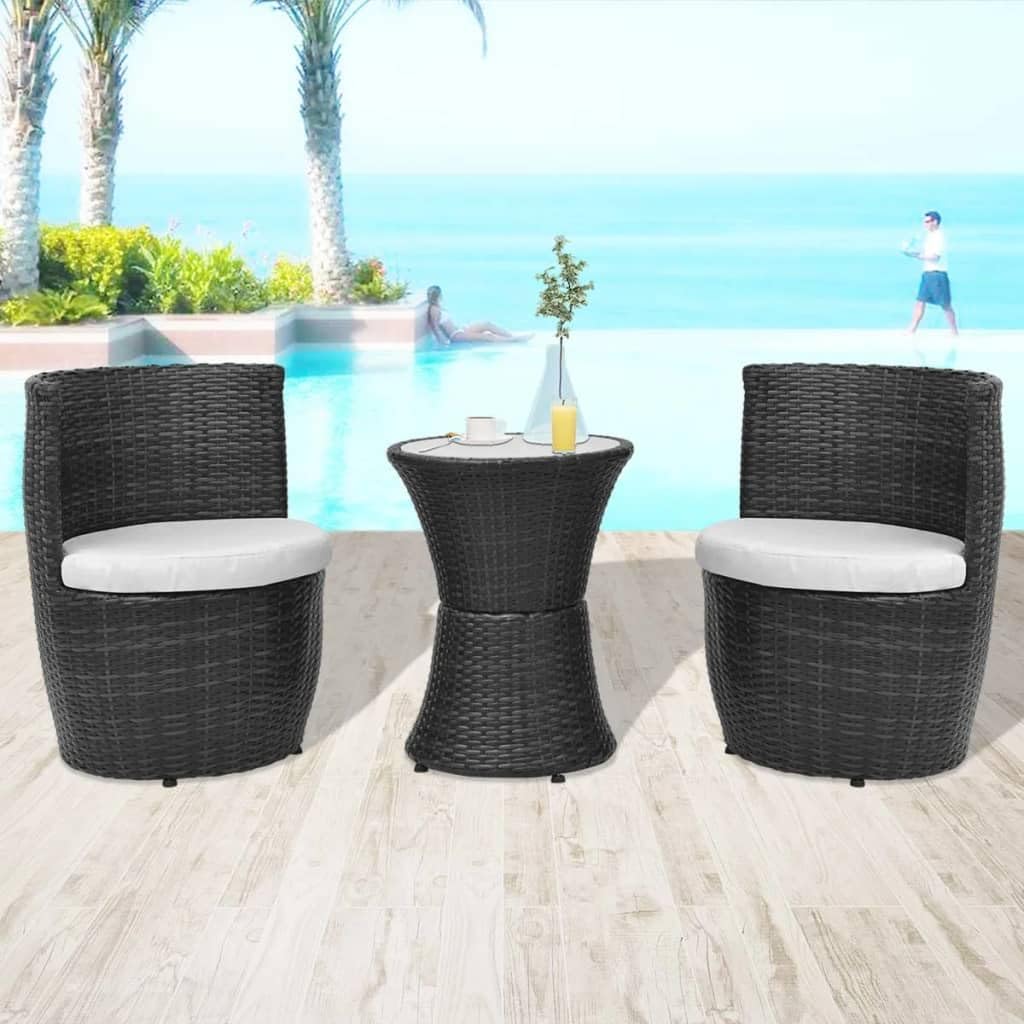 3 Piece Bistro Set with Cushions Poly Rattan Black,Rattan Table and Chair Set with Cream White Cushions for Outdoor Patio and Balcony Patio Furniture, Outdoor Furniture Sets