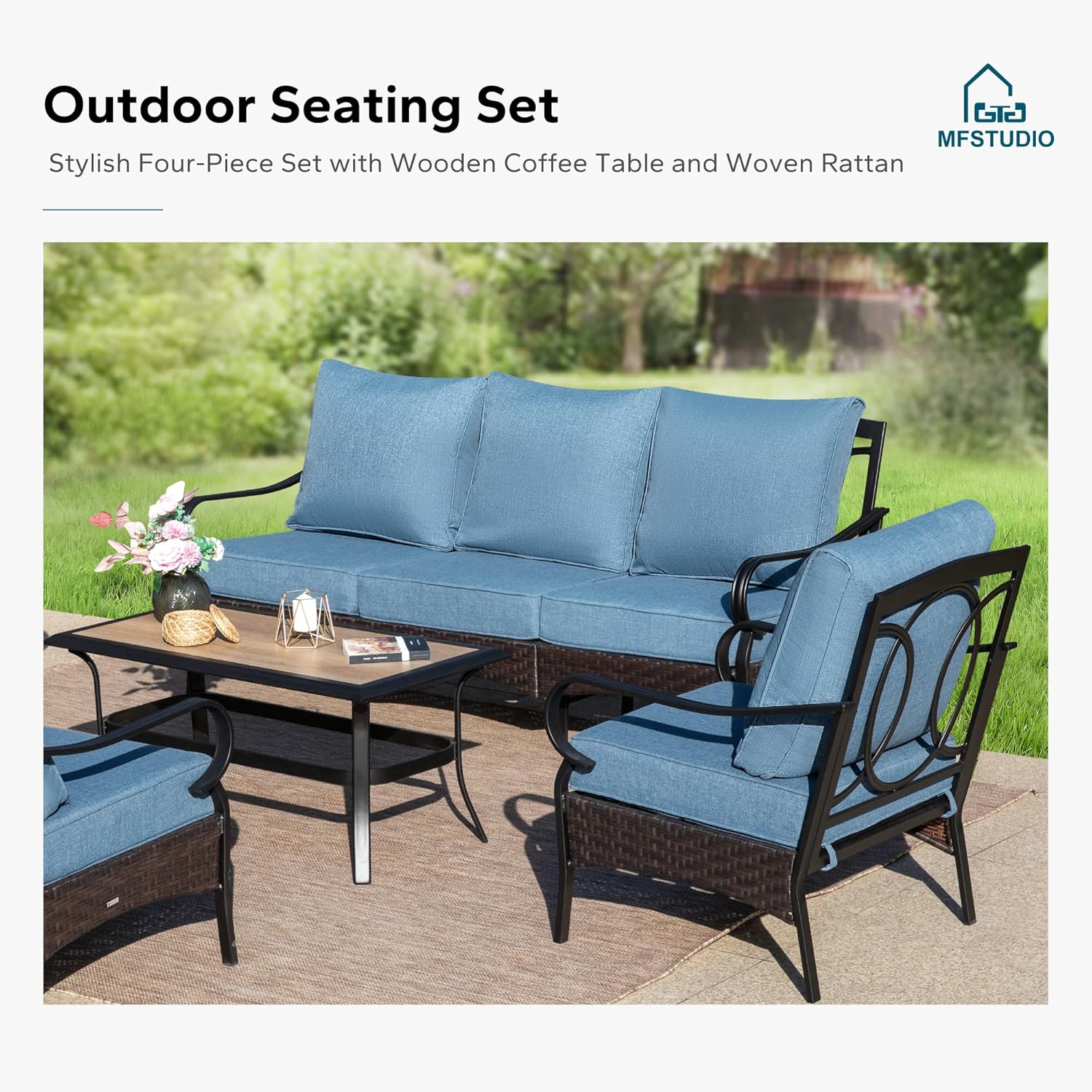 MFSTUDIO 4 Pieces Outdoor Patio Furniture Set, Metal Outdoor Conversation Set, Rattan Wicker Patio Sectional Set with 2 x Swivel Single Sofa, 3-Seat Sofa, 1 x Fire Pit Table, Navy Blue