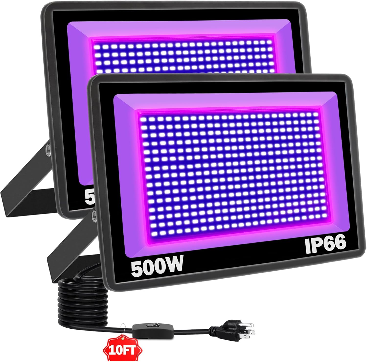 2 Pack 500W LED Black Light, IP66 Waterproof Outdoor Blacklight Flood Light Spotlight with Plug, Switch, Cord for Neon Glow Party Fluorescent Poster Body Paint Stage Lighting Halloween Decor