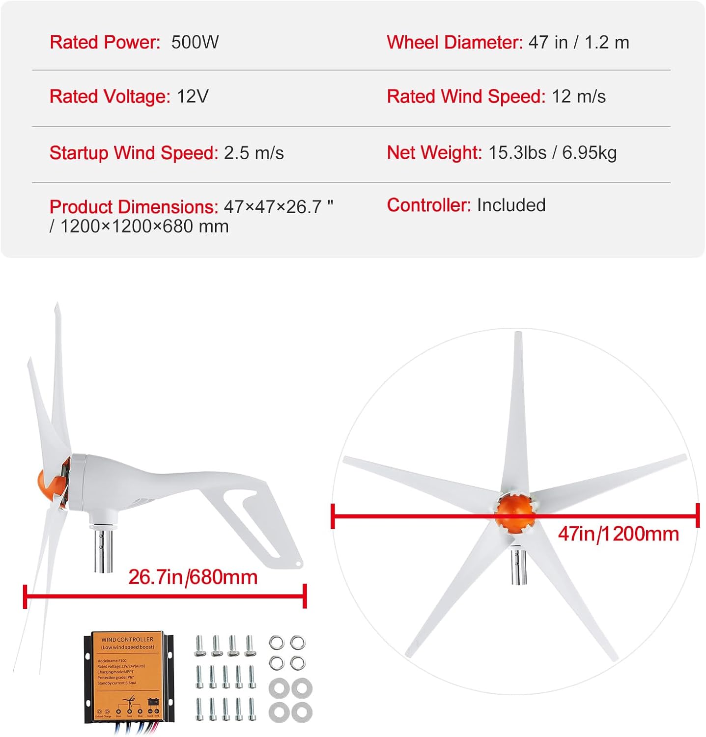 Happybuy 500W Wind Turbine Generator, 12V Wind Power Kit, 5-Blade Wind Generator with MPPT Controller, Adjustable Windward Direction & 2.5m/s Start Wind Speed, Ideal for Home, Farm, RVs, Boats