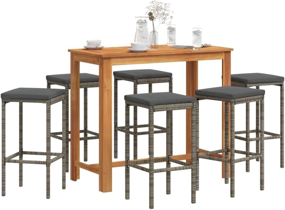 7 Piece Patio Bar Set Gray Solid Wood Acacia and Poly Rattan,Sturdy Patio Bar Set with Acacia Wood Table and Comfortable Rattan Bar Stools for Outdoor Dining and Relaxation Furniture Sets for Patio, L