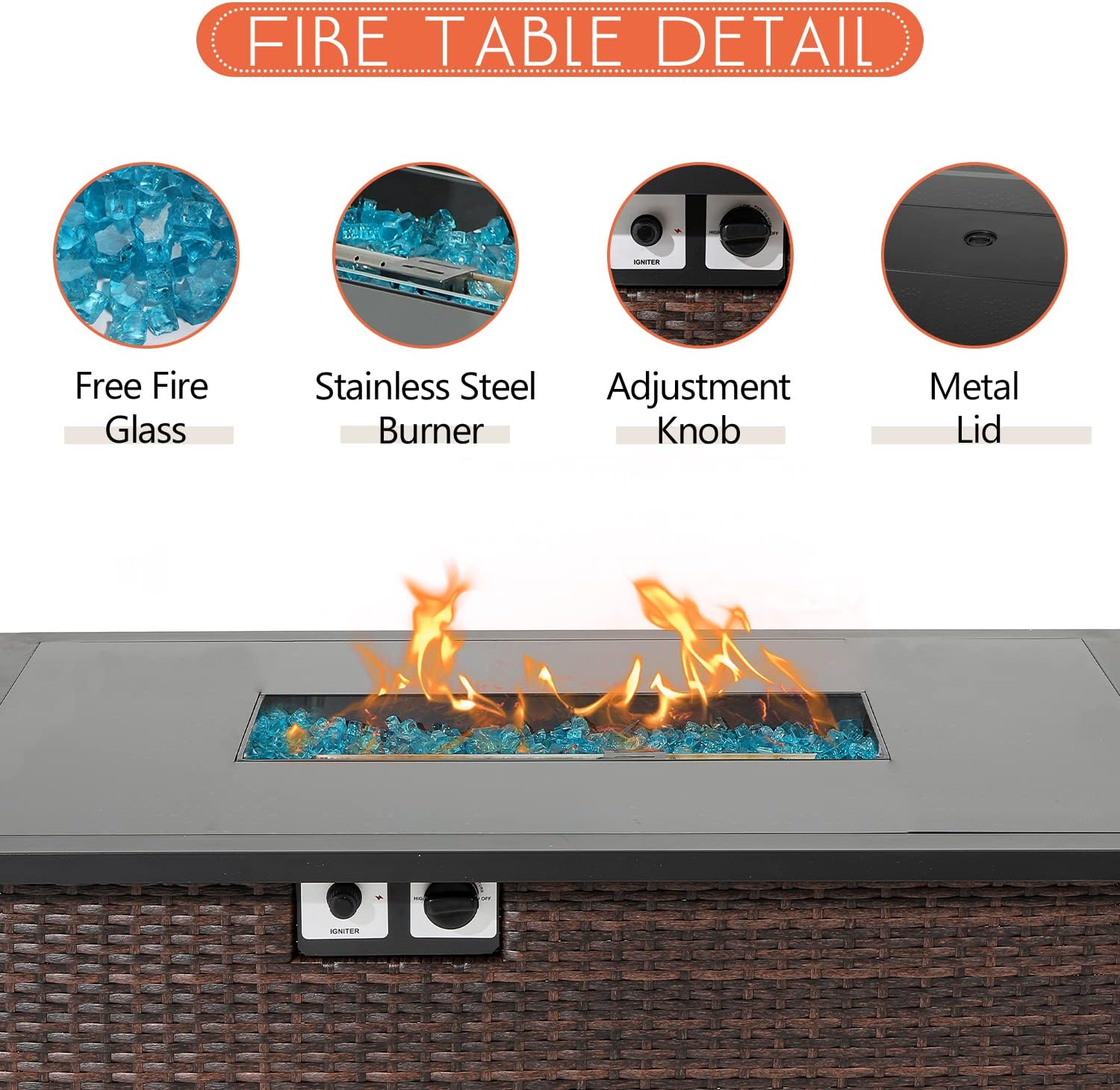 HOMPUS Outdoor Patio Propane Gas Fire Pit Coffee Table 44-Inch 40,000 BTU Rectangular PE Wicker Patio Fire Place, Waterproof Cover and Free Fire Glass, Internal Tank Storage, Brown