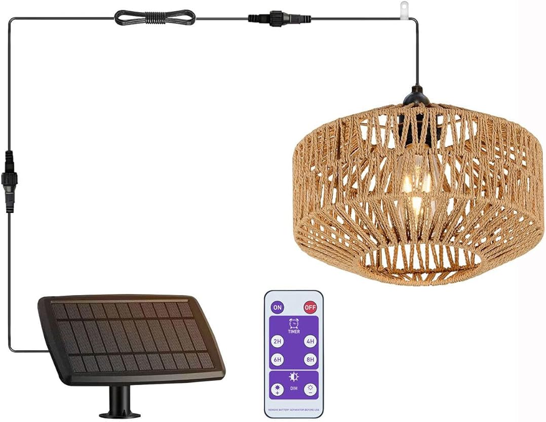 Outdoor Solar Chandelier Indoor Gazebo Lights Waterproof Pendant Hanging Light for Pergola Camping Home Decor Boho Rattan Lampshade Farmhouse Shed Solar Powered Dimmable Remote Control