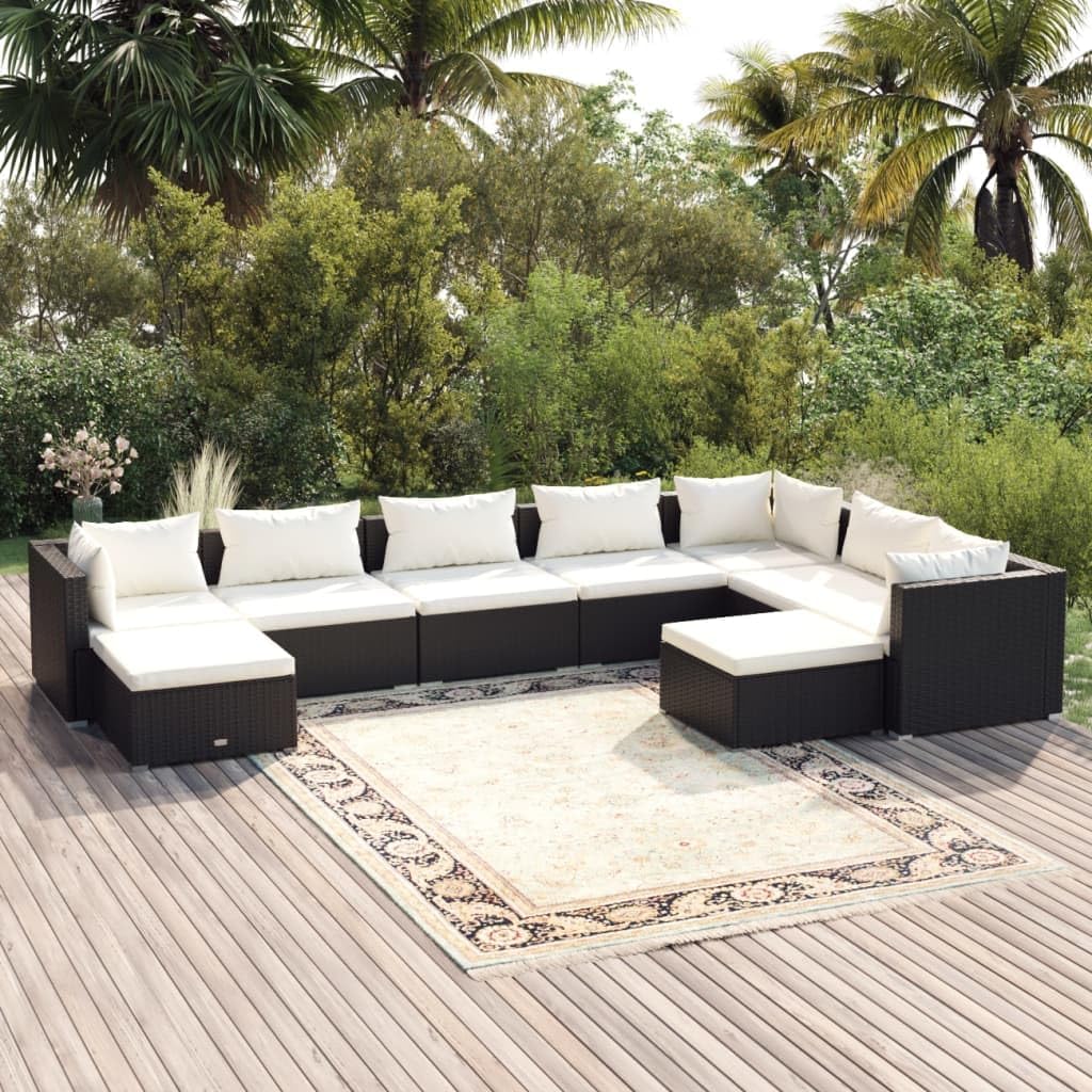 Furniture Sets 9 Piece Garden Lounge Set with Cushions Poly Rattan Black,Classic Rattan Patio Lounge Set with Cushions for Relaxation and Entertainment Garden Conversation Sets
