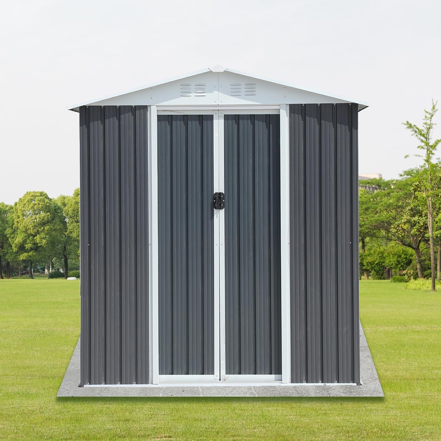 Outdoor Storage Shed, Grey Metal Garden Tool House, 6x4 Feet, Apex Roof with Base Frame, Windproof and Rainproof (Grey with Base Frame)