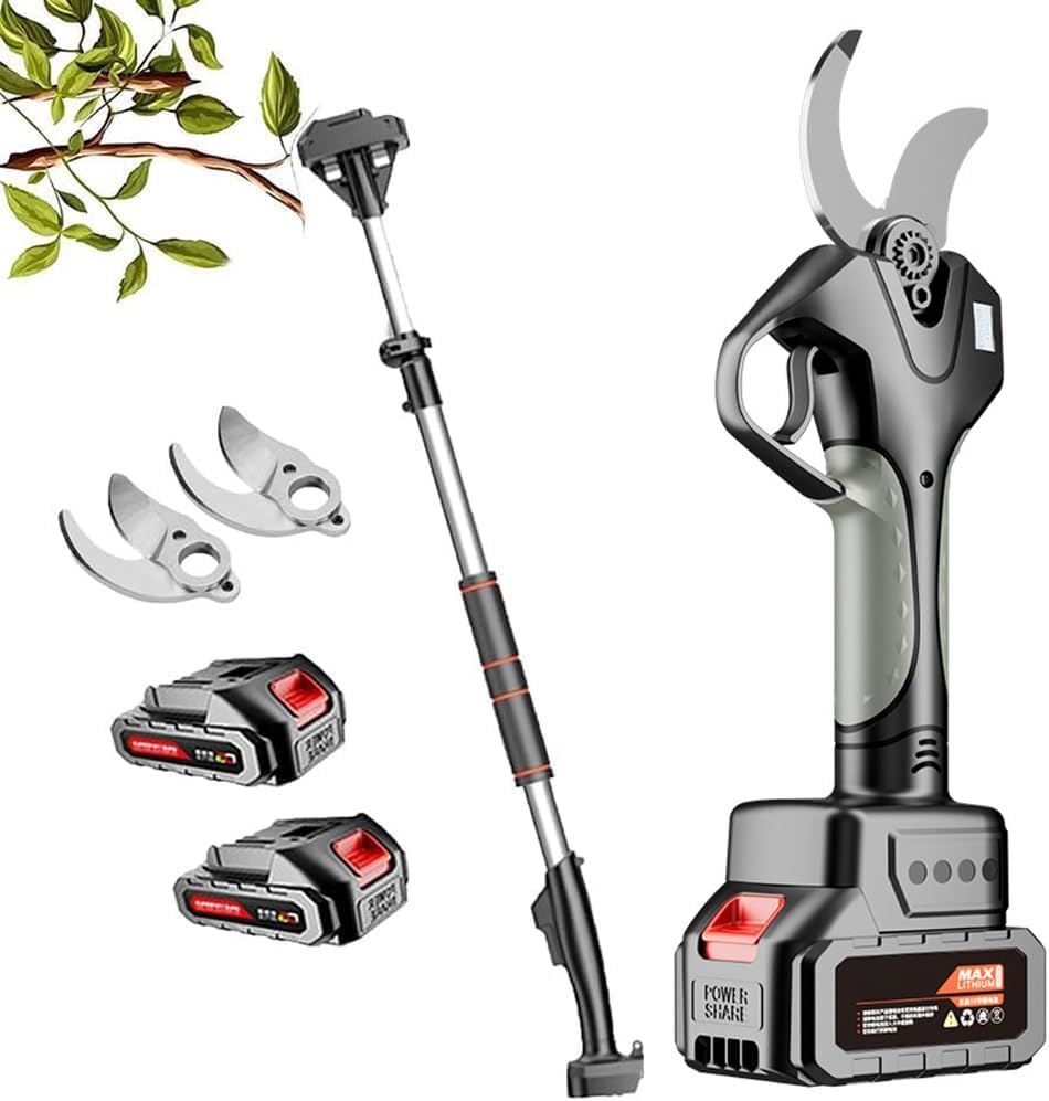 Electric Garden Secateur, Cordless Electric Pruning Shears, with 2 Batteries and Telescopic Pole, 45mm Max Cutting Diameter, for Gardening Pruning Trees, Shrubs and Fruit Trees