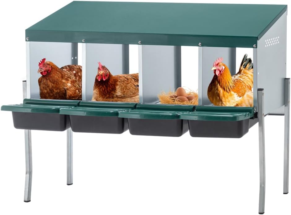 4-Compartment Metal Chicken Nesting Box for Hens, Wall-Mounted Egg Laying Coop with Sloped Roof and Ventilation Design (4-Hole With Legs,Green)