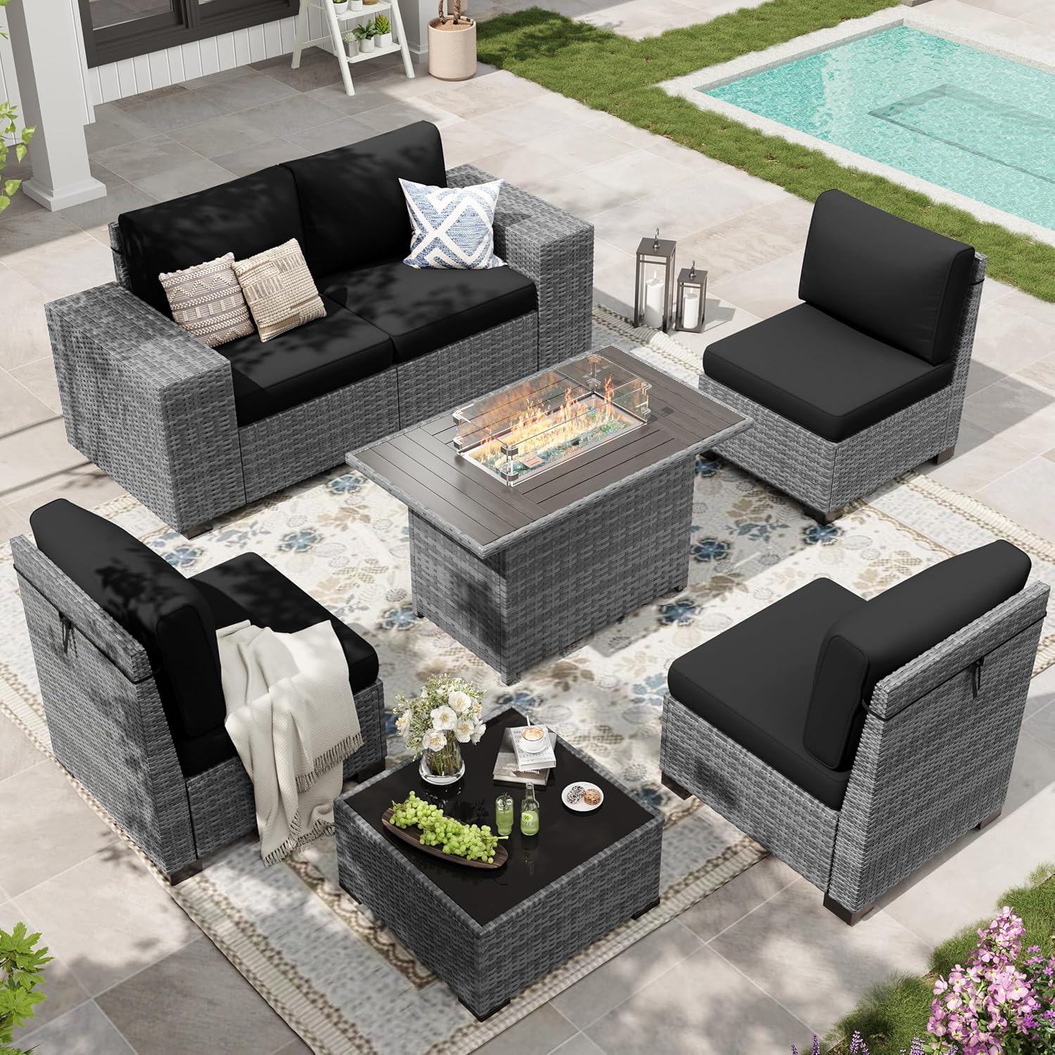 Amopatio Outdoor Sectional Furniture Set with Fire Pit Table, 7-Piece Grey Rattan Wicker Conversation Couch Set for Porch Garden Backyard Balcony Poolside, Black