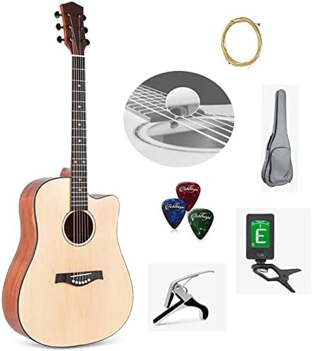Full Size Guitar Acoustic Guitar Hand Polished Beginner Adult Travel Guitar Outdoor Music Rock Crisp Sound Matte Musical Beginner Acoustic Guitar Starter Package Student G (Beige Long)