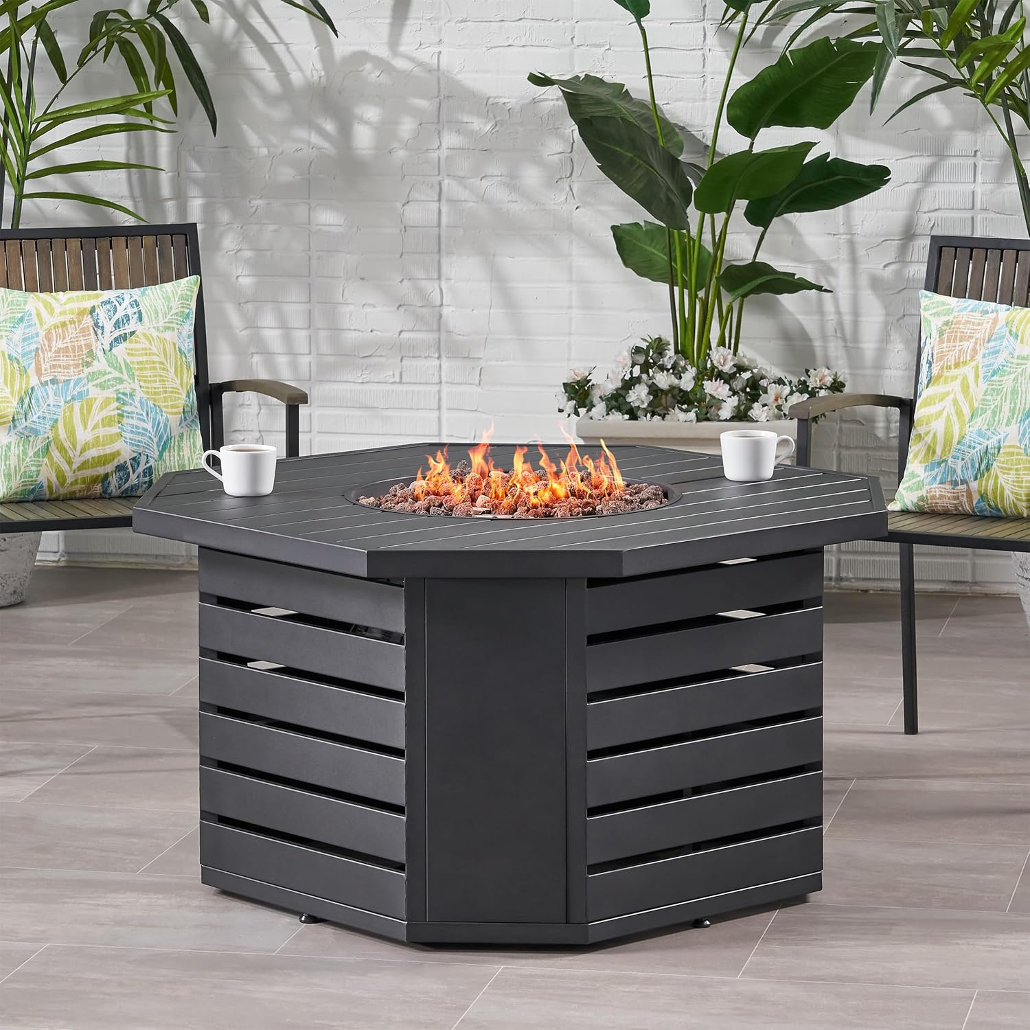 50000 BTU Octagon Propane Fire Pit Table, Outdoor Iron Gas Fire Pit with Rust-Resistant Coating & Built-in Tank Storage, 45