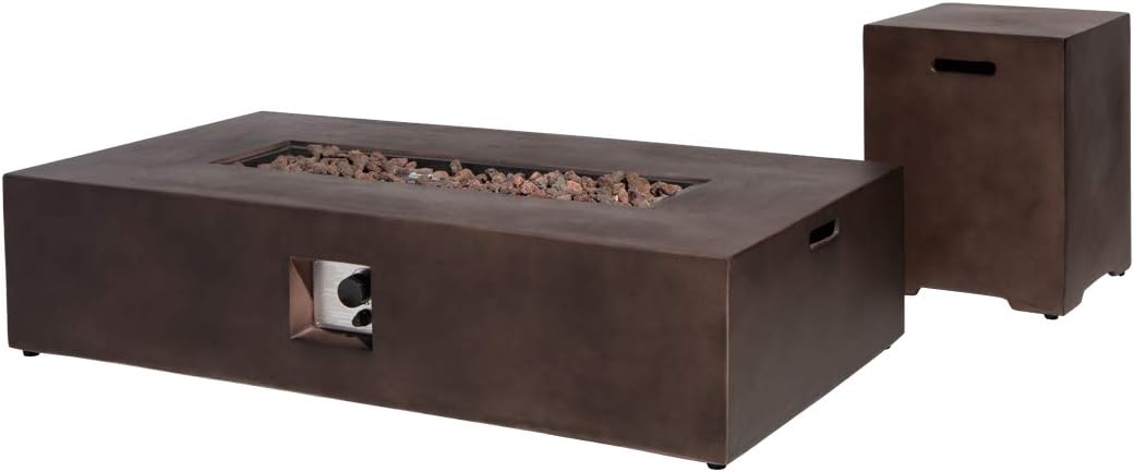 SUNBURY Outdoor Propane Fire Pit, Rectangle Dark Brown Patio Fire Table 50,000 BTU w 20 lbs Tank Cover, Waterproof Cover for Garden, Backyard