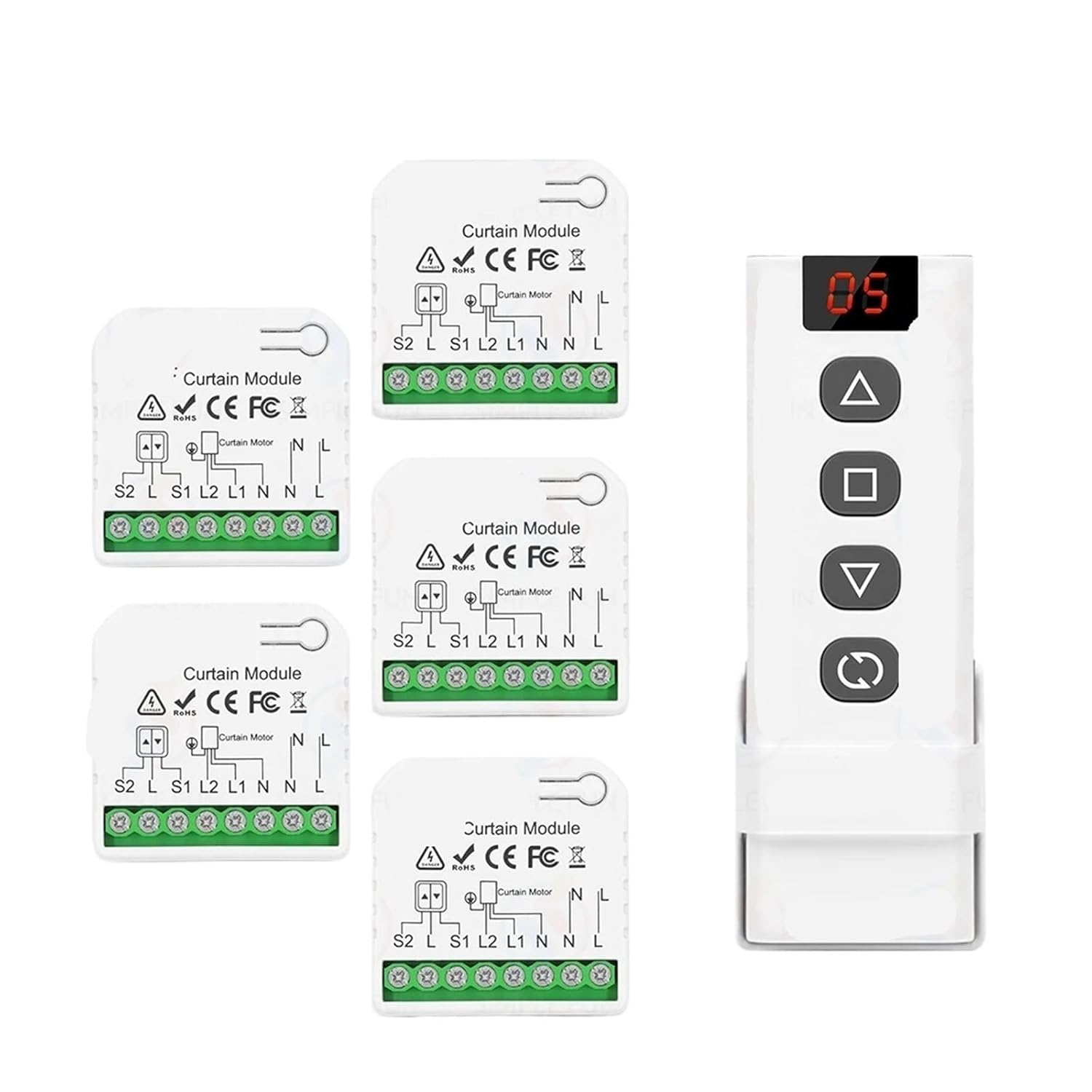 Roller Curtain Switch, 5-in-1 Remote Control, AC 110V 220V Module(5Receiver 1R-5CH)