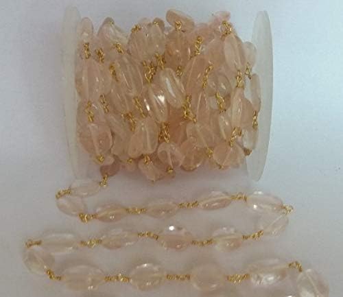 JEWELZ 3 feet natural rose quartz smooth oval beaded chain - 24k gold plated wire wrapped chain - oval beaded chain - beads 6x8mm