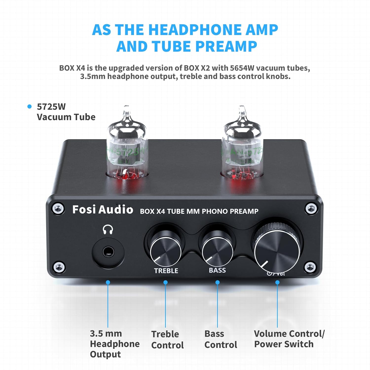 Fosi Audio Box X4 Phono Preamp with JAN 5725W Vacuum Tubes for MM Turntable Phonograph Record Player with Volume Bass Treble Control