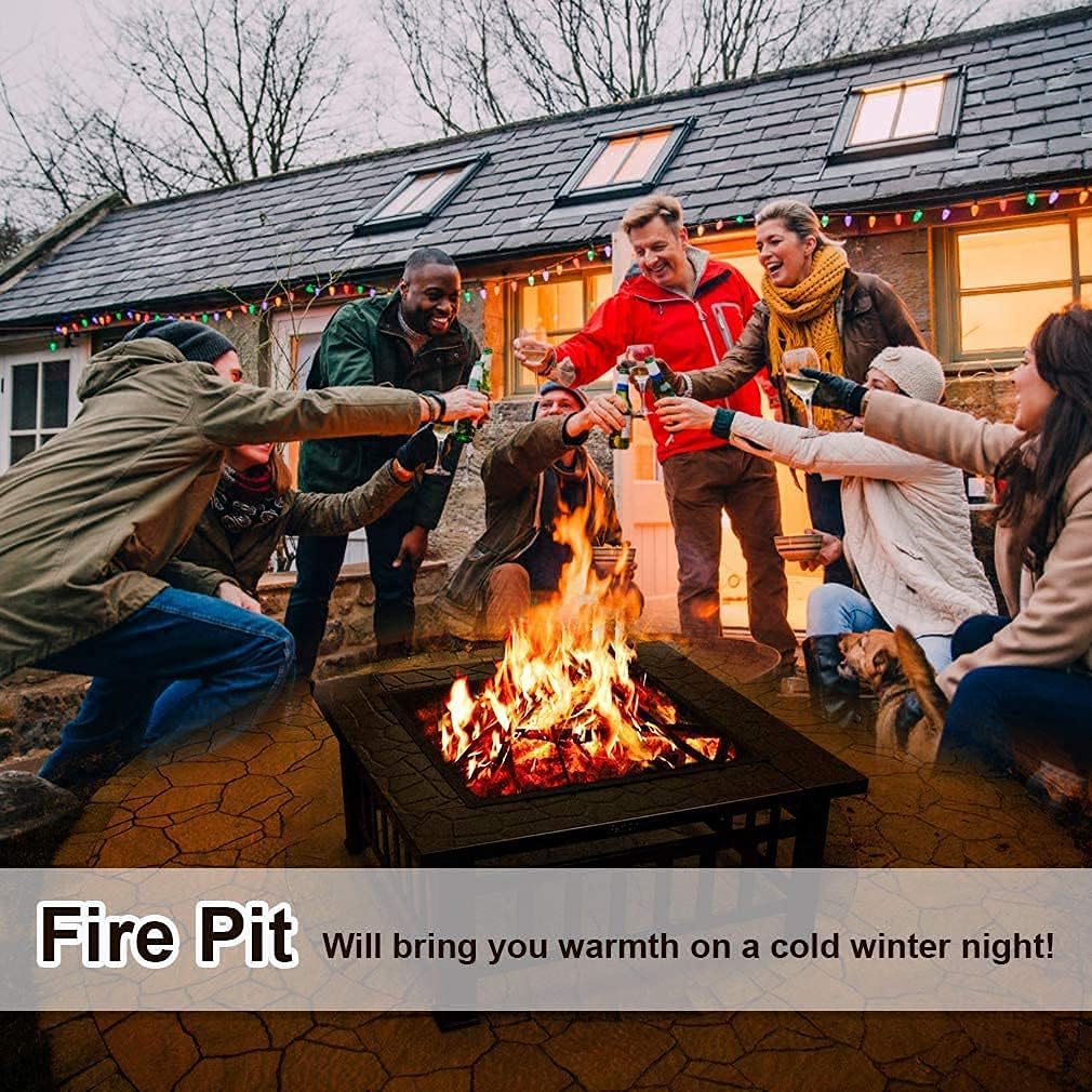 Fire Pit 32 inch Fire Pits for Outside Firepit Multi-Purpose Metal Fire Pit Outdoor Wood Burning Fire Pit Table with Spark Screen & Safety Poker for Camping, Picnic, BBQ, Backyard, Patio