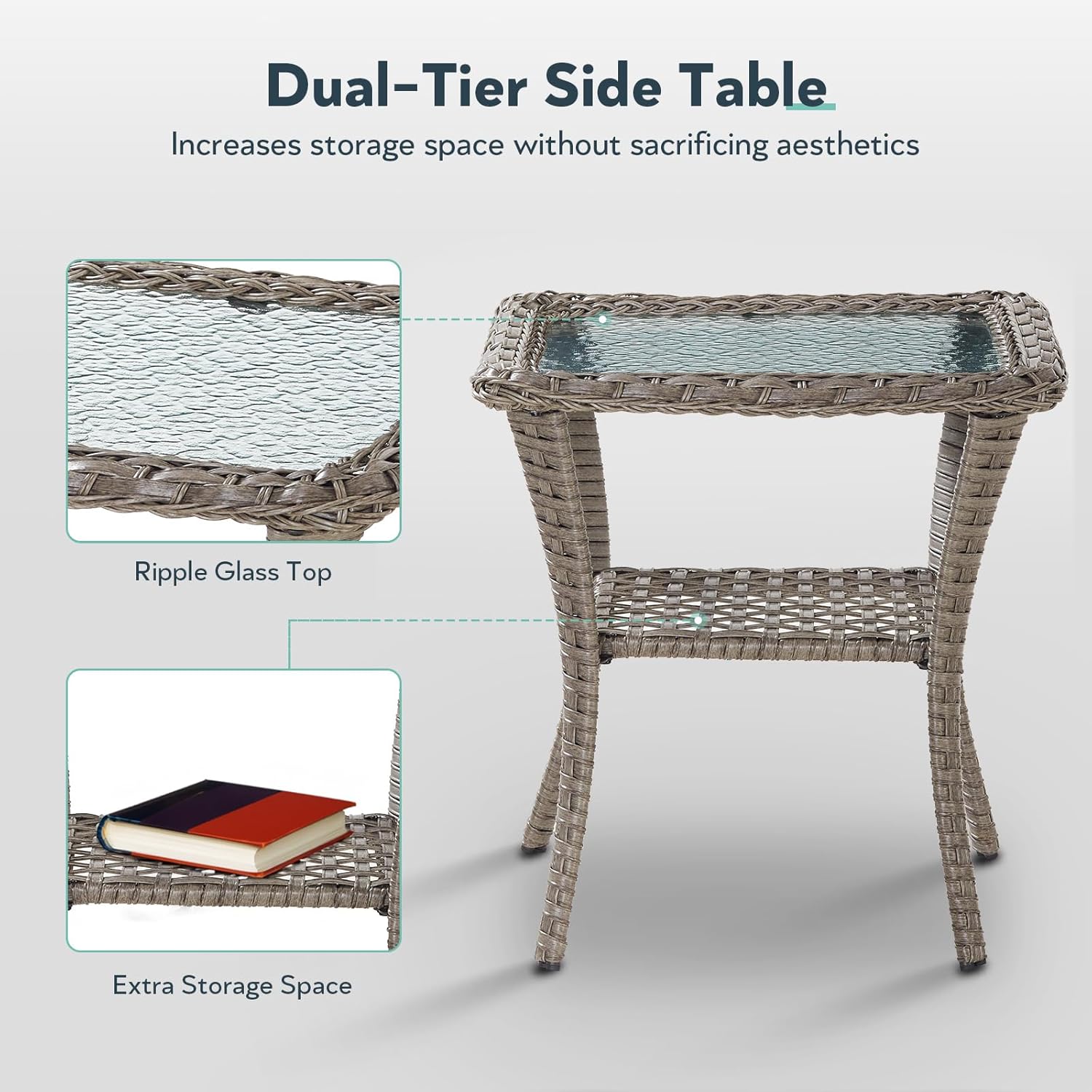 7 Piece Patio Furniture Set with Fire Pit Table - Wicker Patio Conversation Set with 4 Swivel Glider Chairs and 2 Tempered Glass Side Tables for Deck Backyard - Grey Wicker Red Cushion