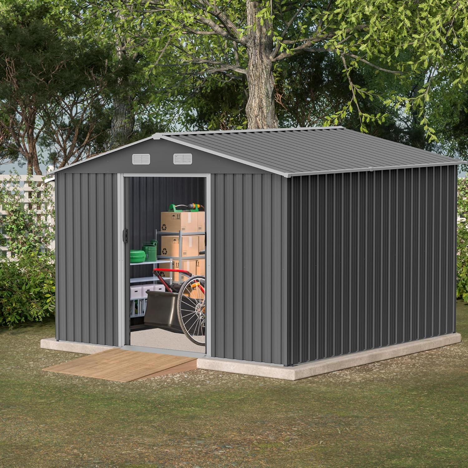 10x8 FT Upgraded Outdoor Storage Shed with Floor Base, Front Windows, 4 Air Vents and Sliding Door, Reinforced Outdoor Garden Sheds for Backyard Patio Lawn to Store Bikes Tools Lawnmowers