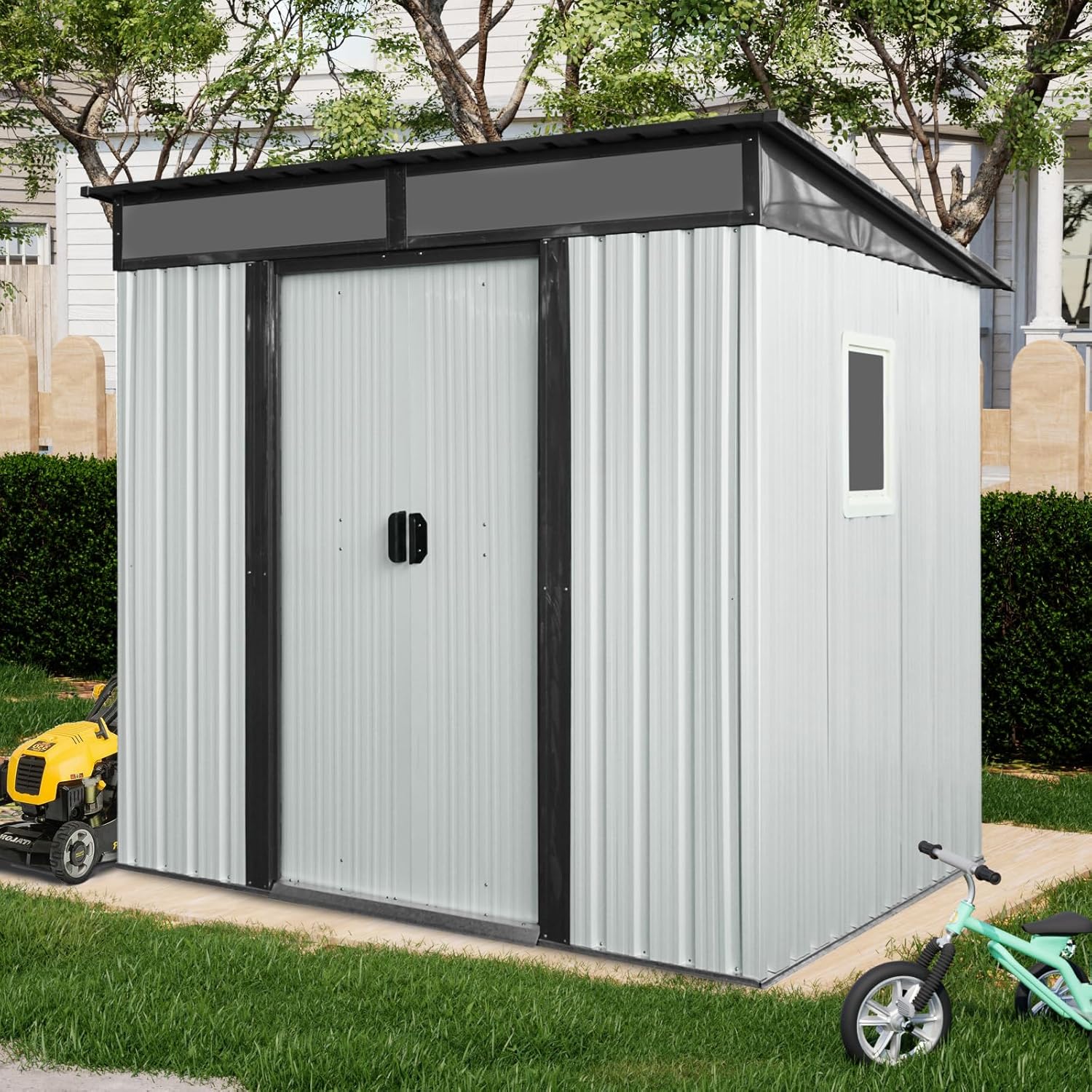 6 x 5 FT Outdoor Metal Storage Shed with Metal Foundation Frame, Lockable Sliding Doors and Transparent Plate for Garden, Lawn (White, with Window)